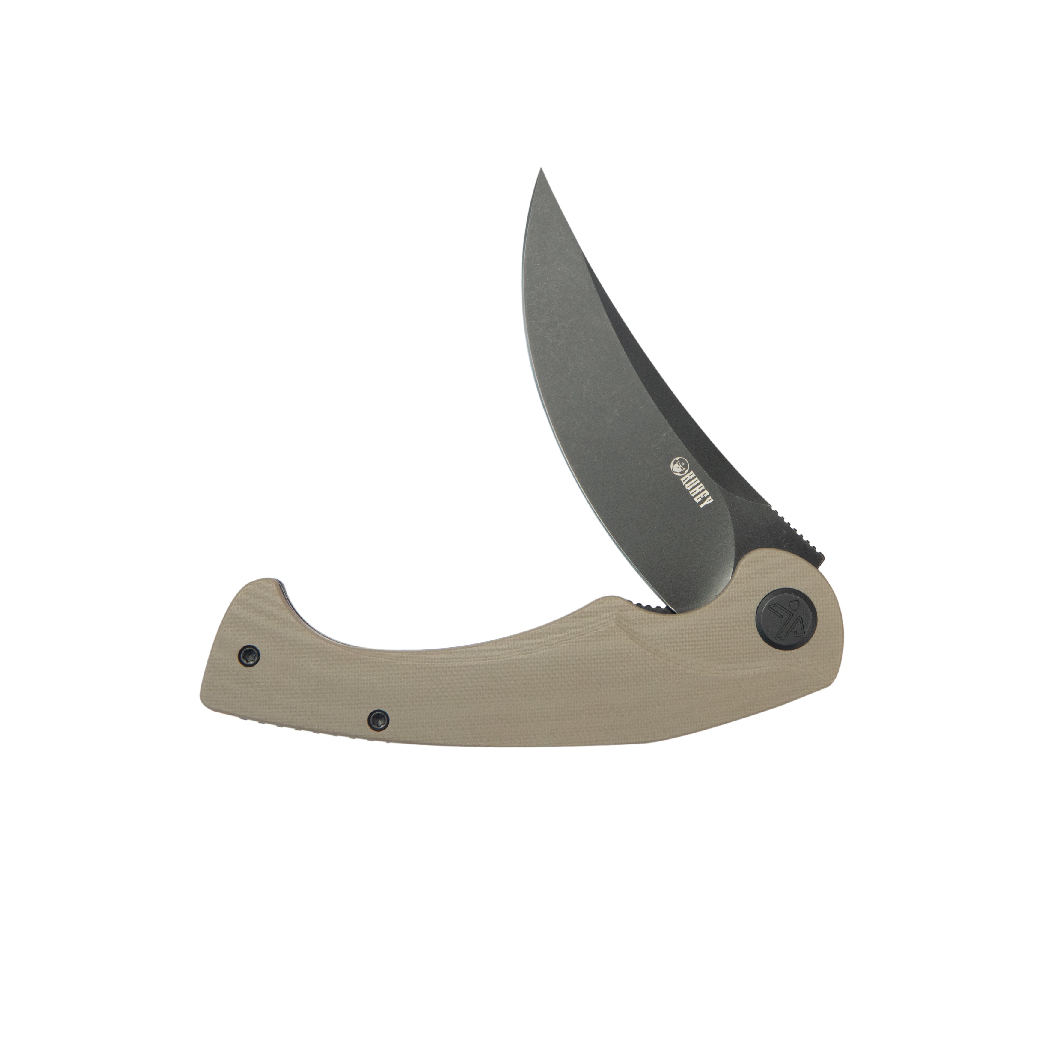 Kubey Scimitar Liner Lock Folding Knife Tan G10 Handle 3.46" Blackwash 14C28N KU173N