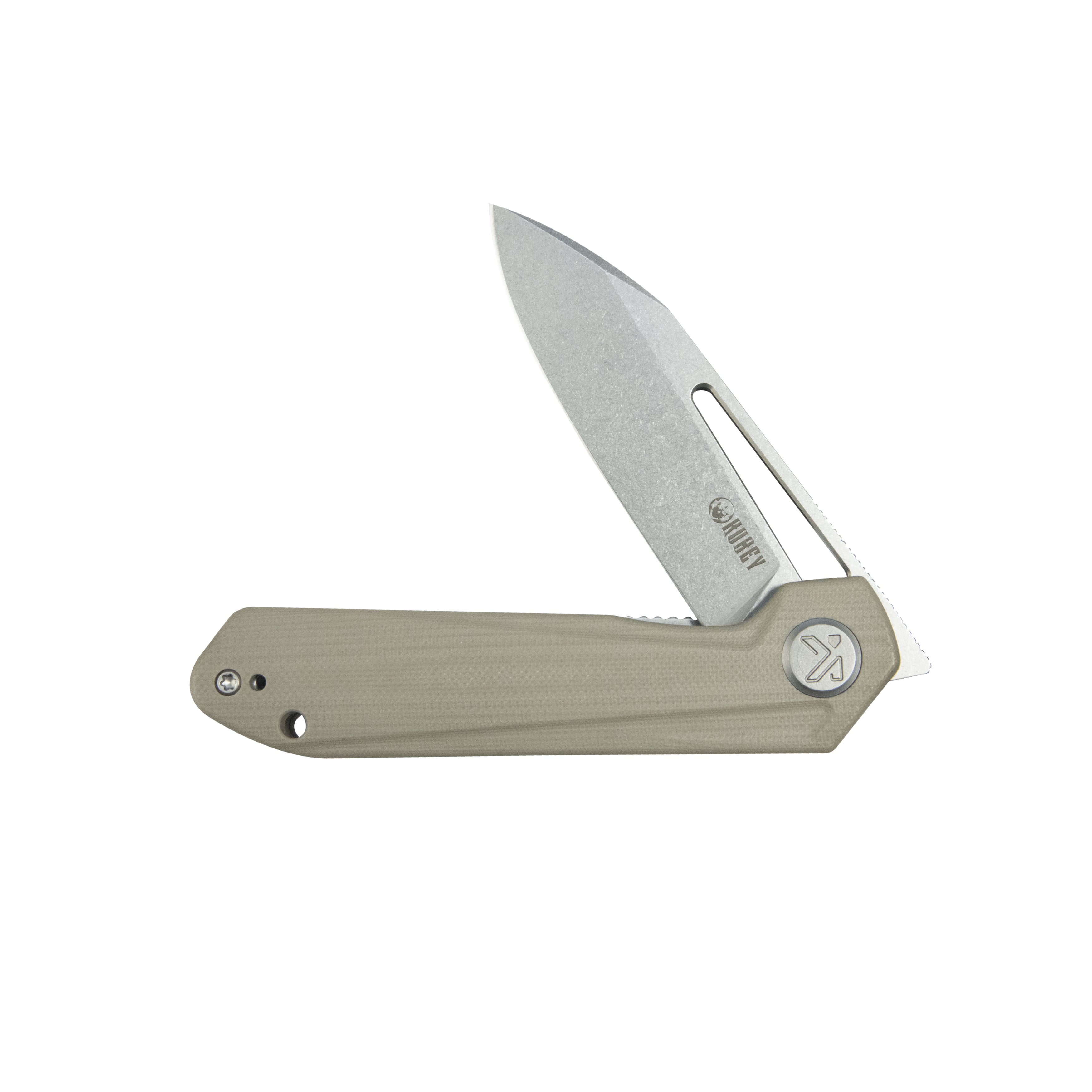 Kubey Royal CM Designs EDC Pocket Knife Front Flipper Tan G10 Handle 2.99" Stonewash 14C28N KU321Q