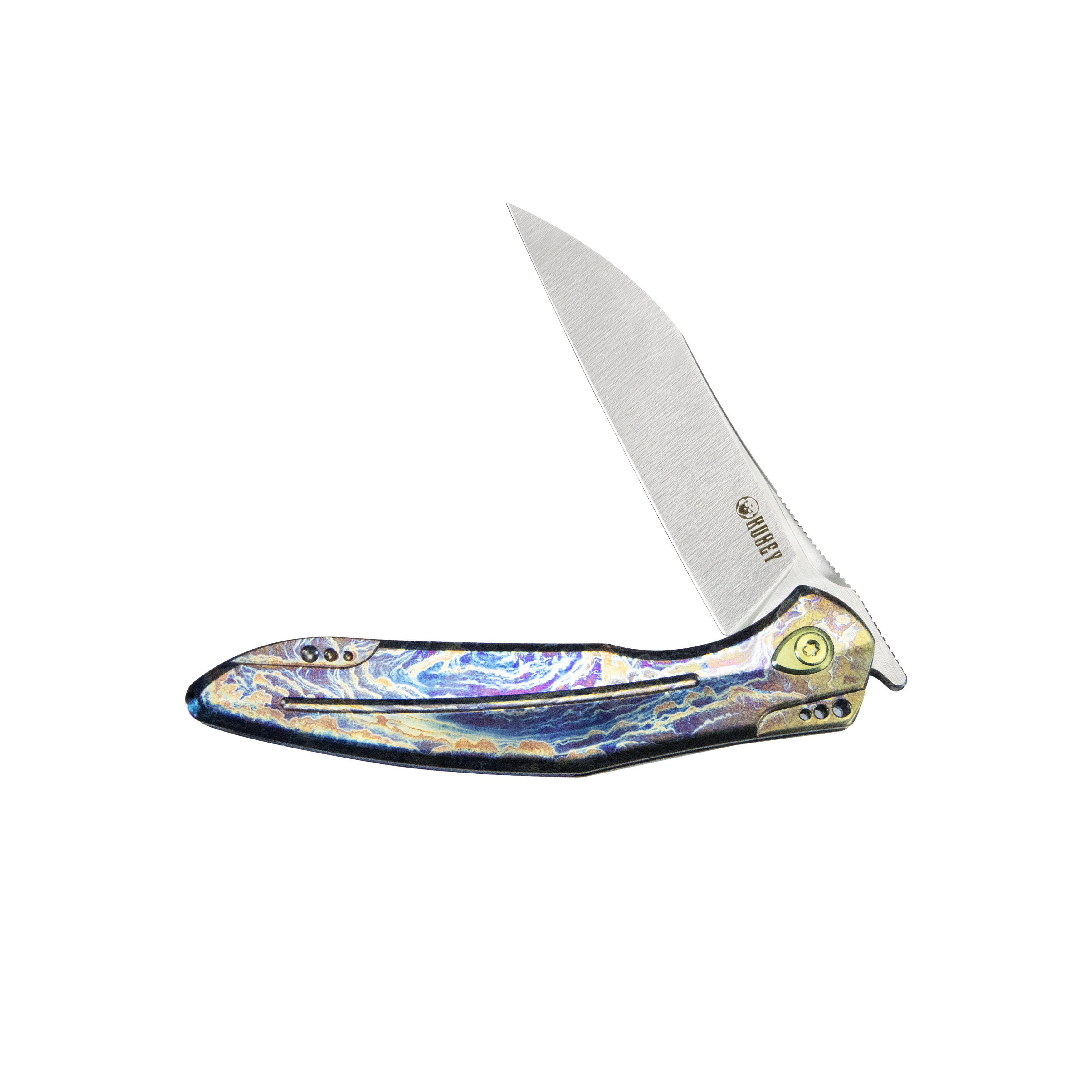 Kubey Barracuda Liner Lock Front Flipper Folding Knife Colorful Flame Titanium Handle 3.38" Satin M390 KB299E