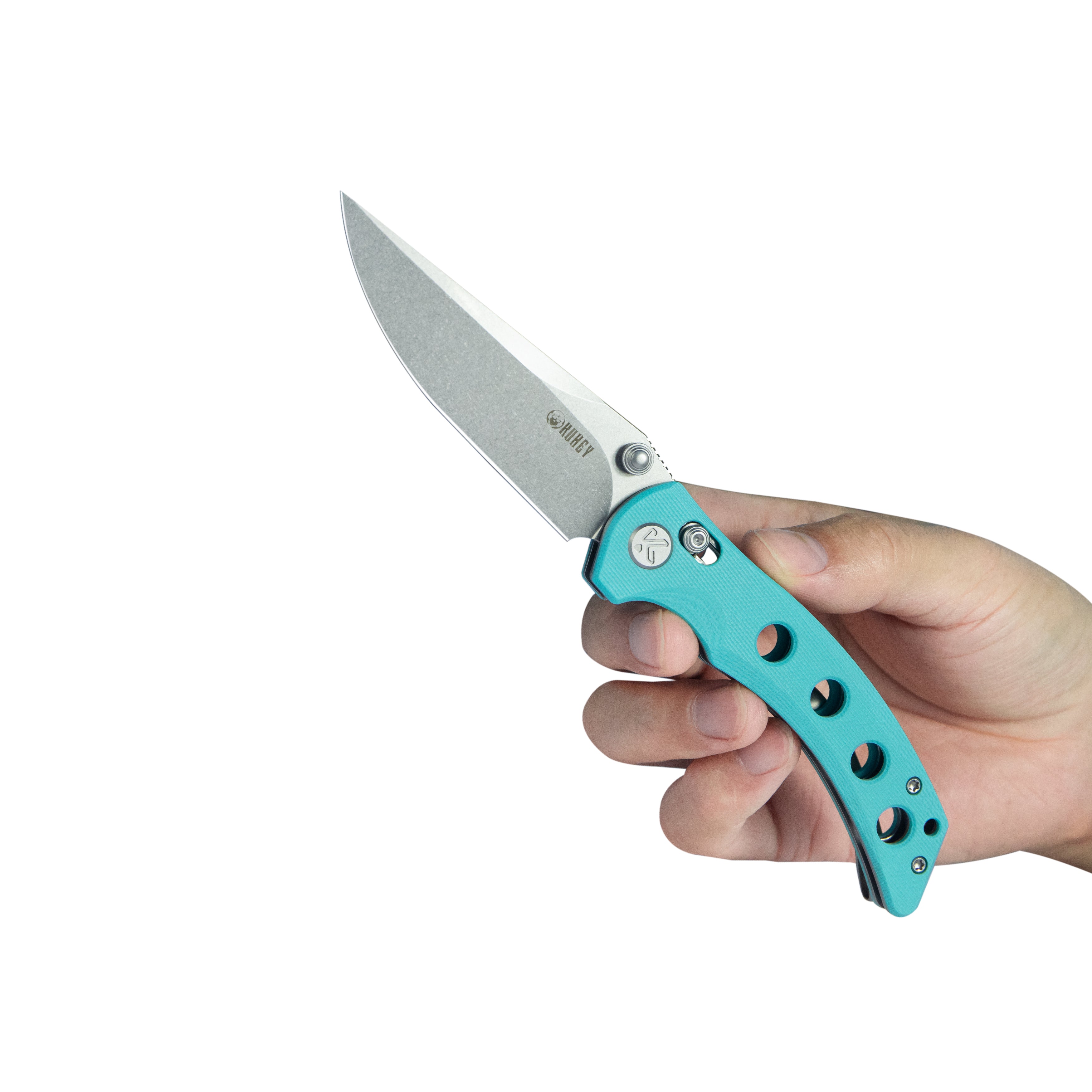 Kubey Hound Crossbar Lock Folding Pocket Knife Tiffany Blue G-10 Handle 3.43" Stonewash 14C28N Blade KU172C