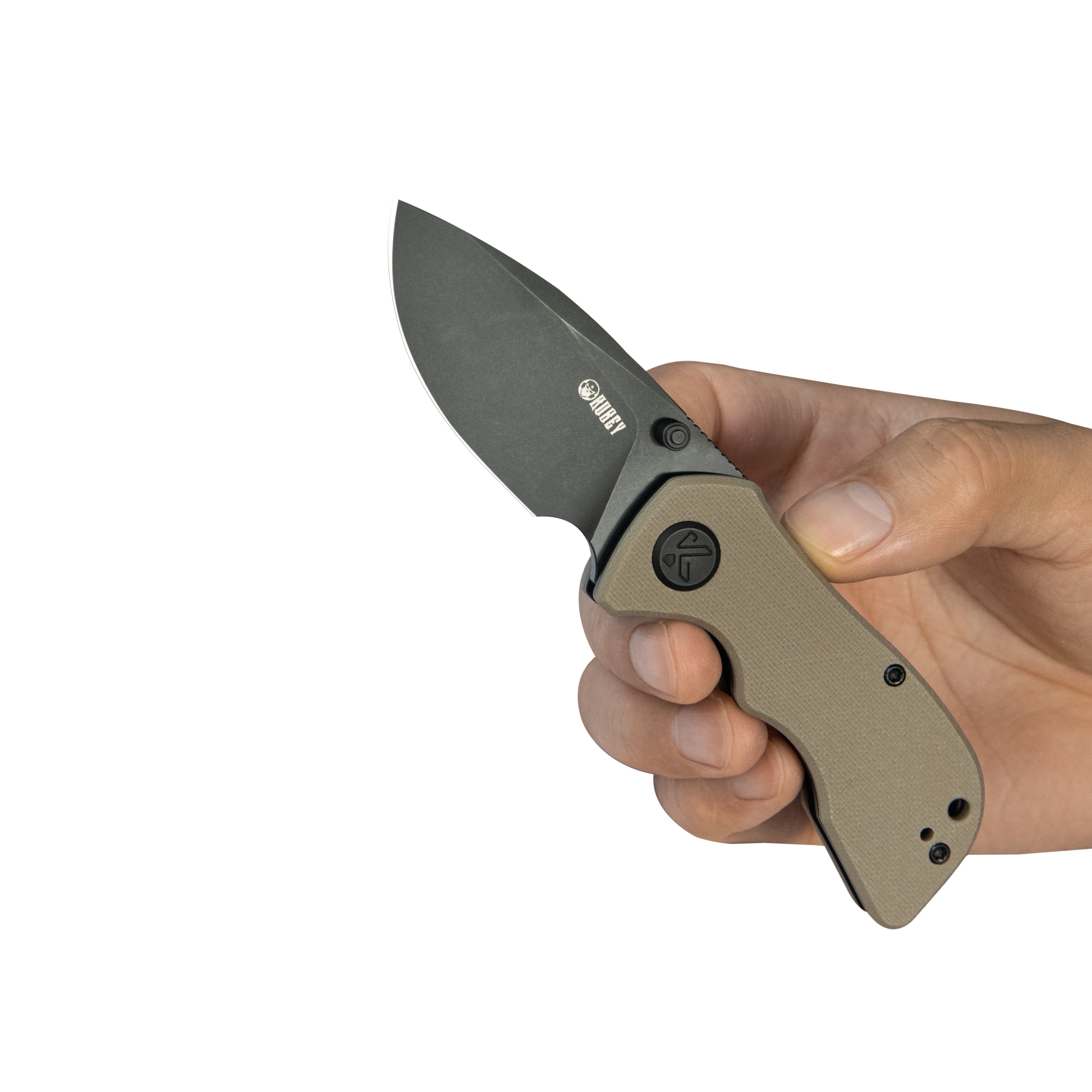 Kubey Karaji Liner Lock Dual Thumb Studs Open Folding Pocket Knife Beige G-10 Handle 2.56" Blackwash 14C28N KU180Q