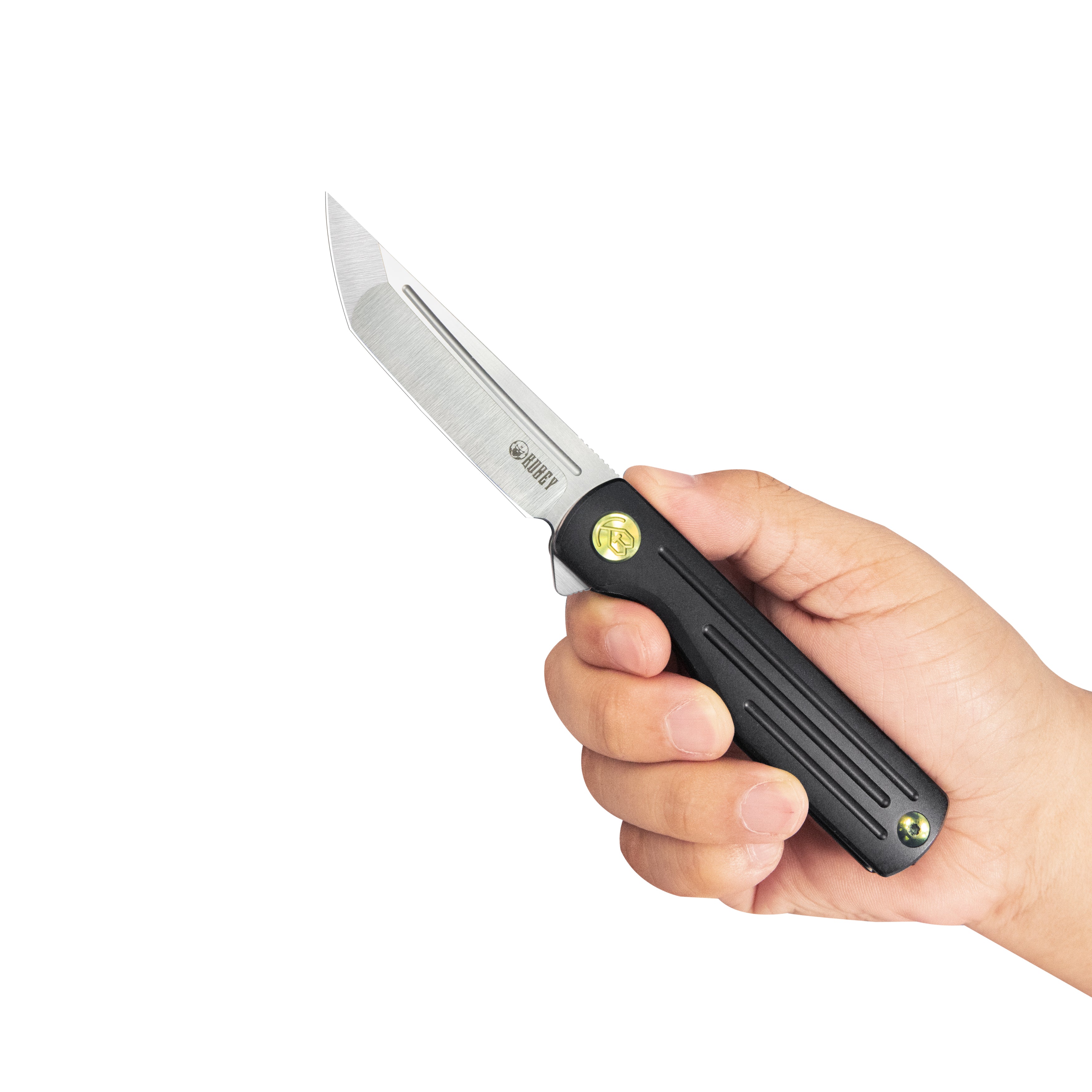 Kubey Musō Flipper Everyday Carry Knife Black Titanium Handle 2.95" Tanto Belt Satin M390 Blade KB244C