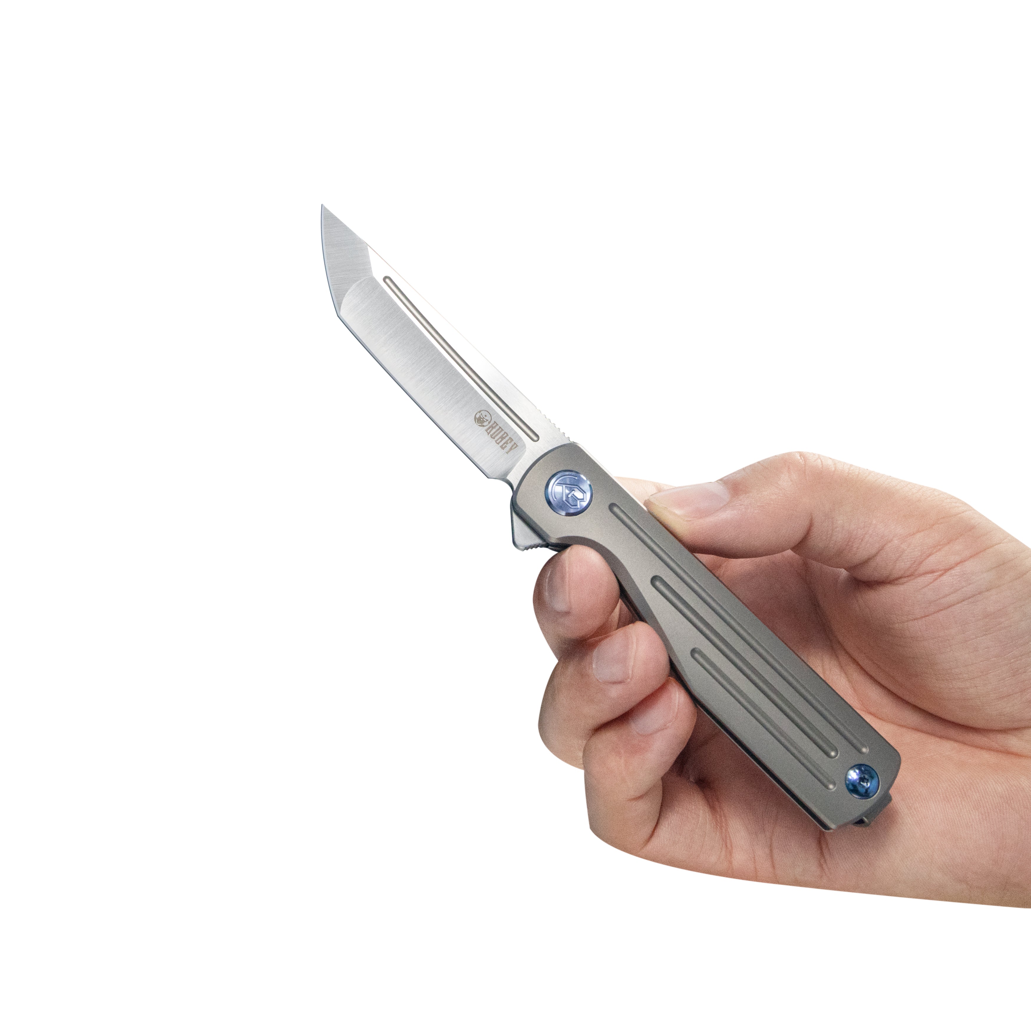 Kubey Musō Flipper Everyday Carry Knife Grey Titanium Handle 2.95" Tanto Belt Satin M390 Blade KB244A