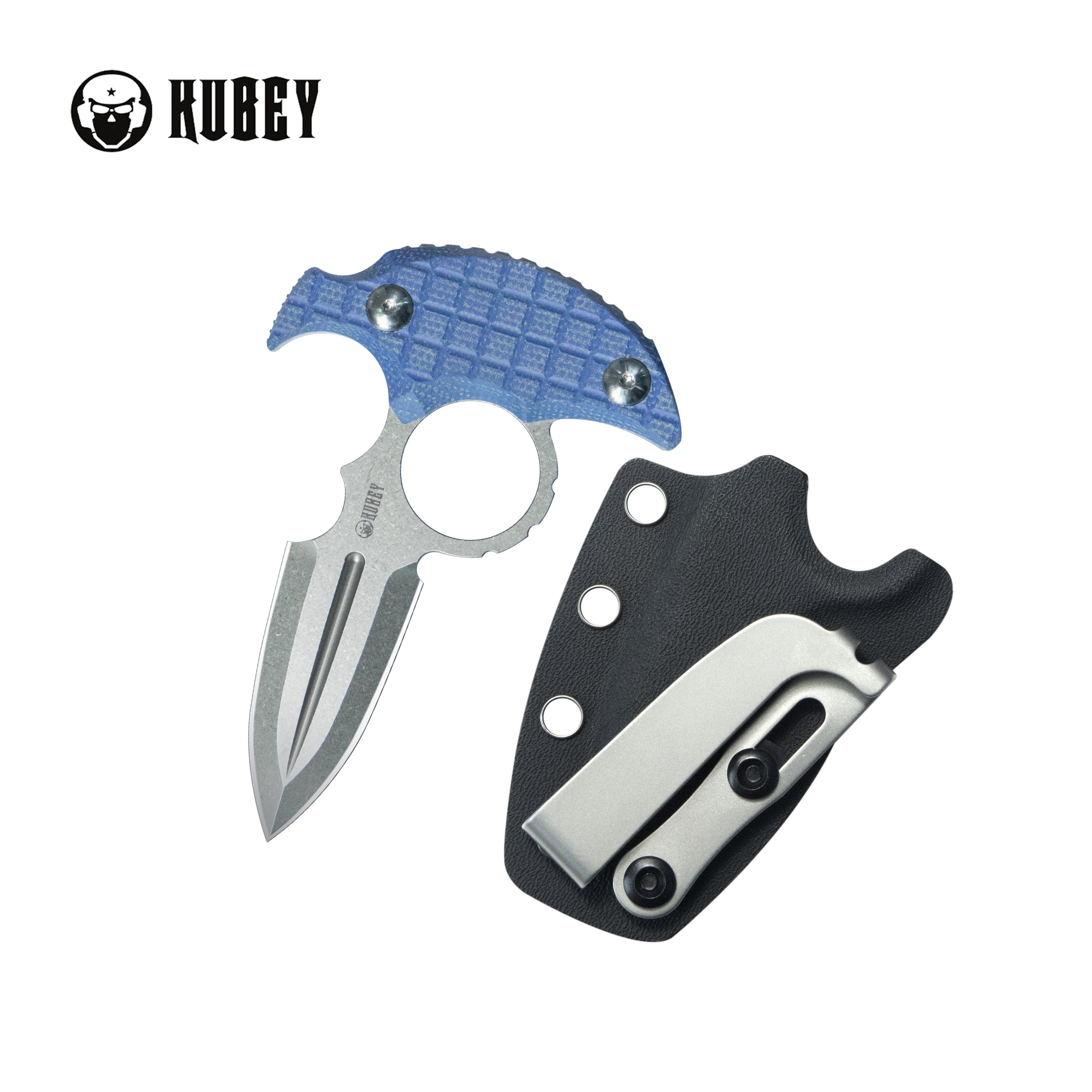 Kubey Cavy Fixed Blade Knife Blue Micarta Handle 2.95'' Stonewash 14C28N Blade KU403D