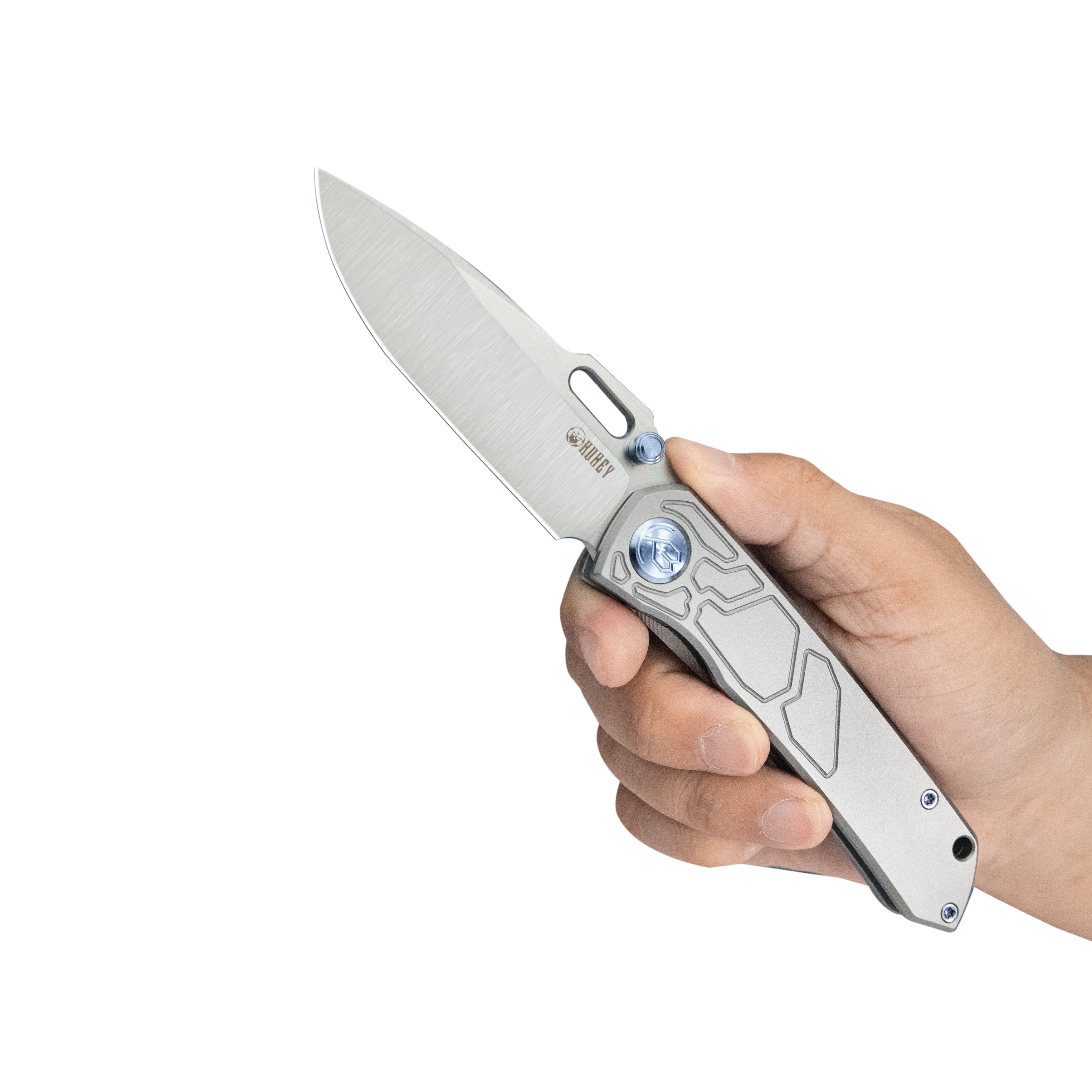 Kubey Blackout Frame Lock Folding Knife Gray Titanium Handle 3.15" Belt Satin M390 KB259A