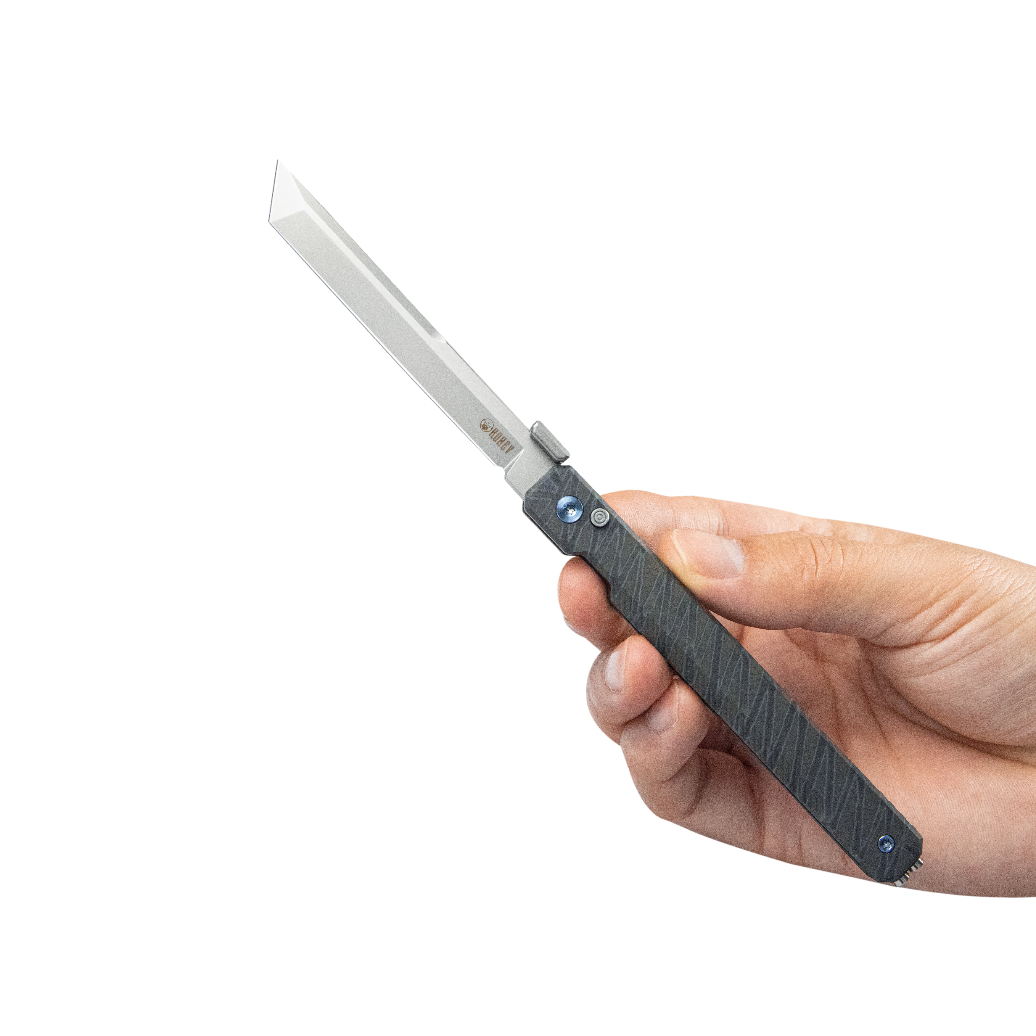 Kubey Prism Button Lock CEO Style Folding Knife Flame Titanium Handle 3.54'' Beadblast 14C28N KB243C