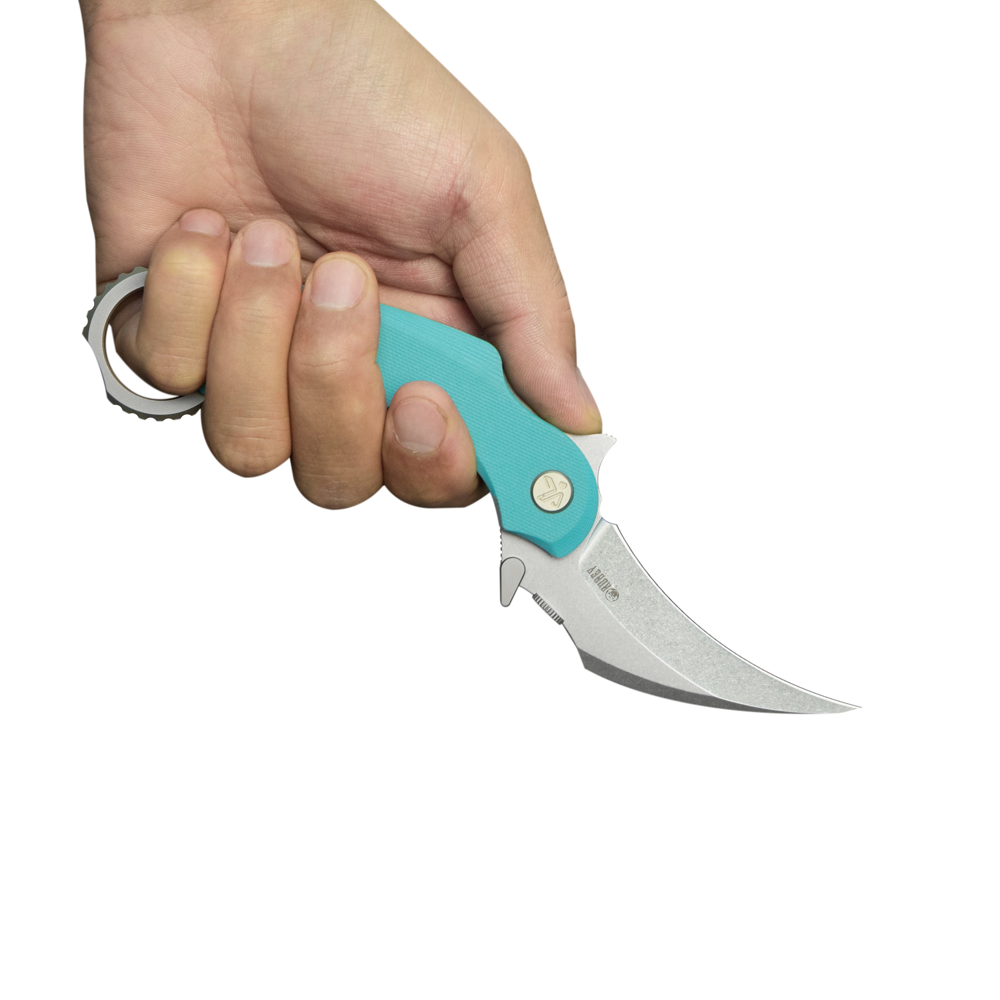 Kubey Rogue Pikal Karambit Folding Knife Tiffany Blue G10 Handle 2.91" Stonewash 14C28N Blade KU298C