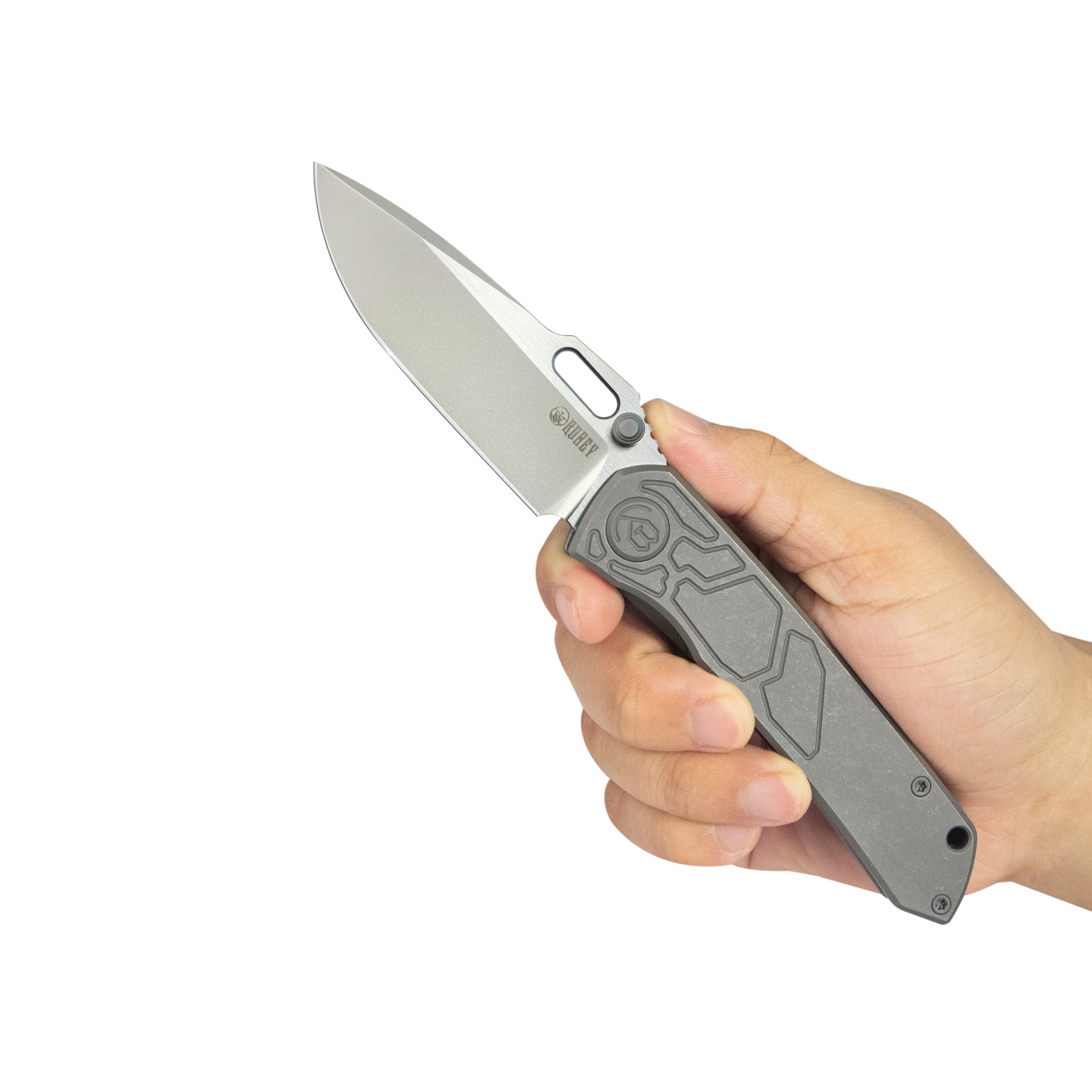 Kubey Blackout Frame Lock Folding Knife Gray Titanium Handle 3.15" Satin & Sandblast M390 KB259B