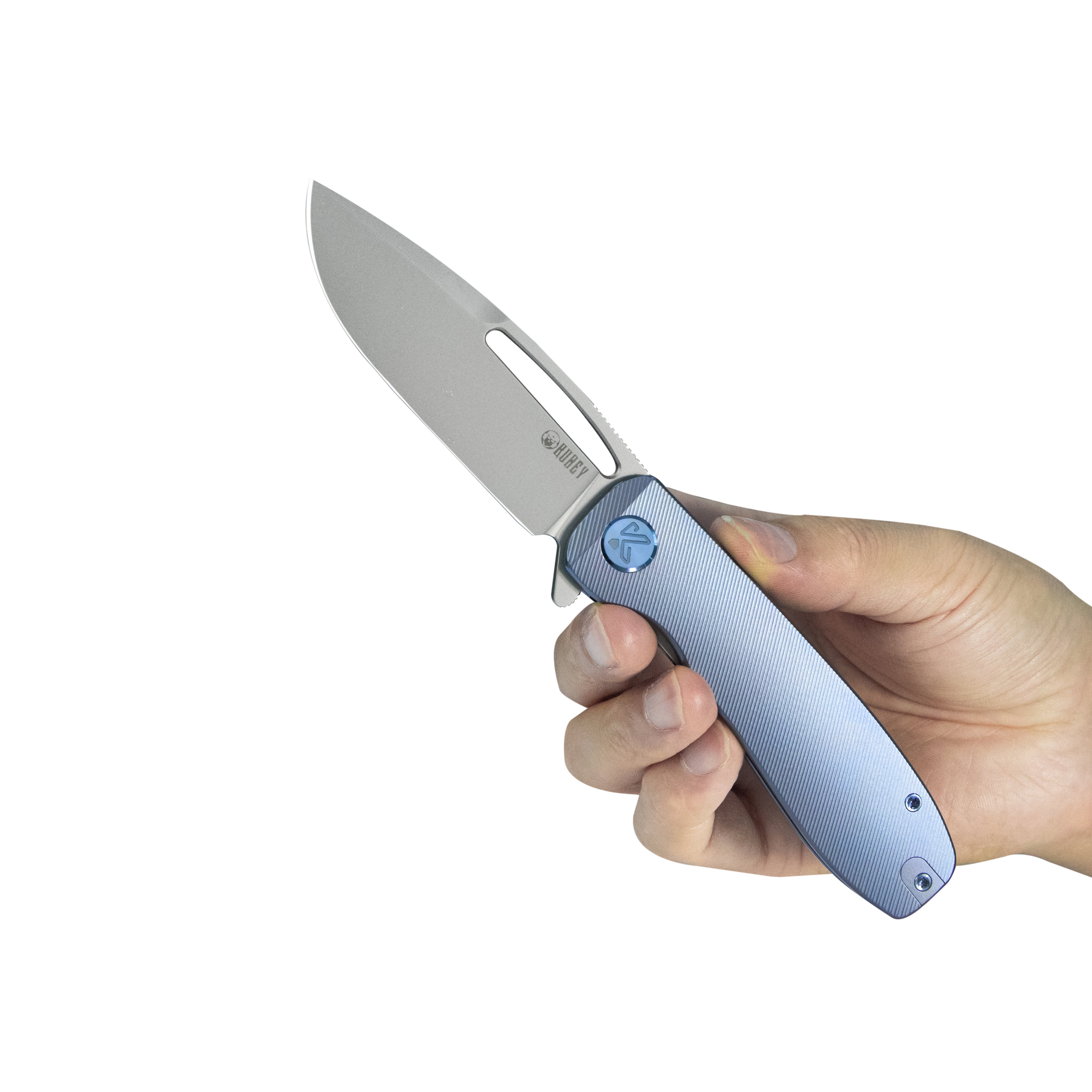 Kubey Supercell Pocket Knife Blue Titanium Handle 3.46" Stonewash 14C28N Blade KU353B