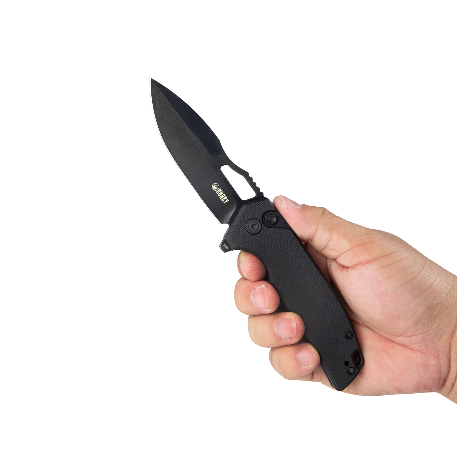 RDF Pocket Knife with Button Lock, Full-Contoured Black G-10 Handle 3.11" Blackwash AUS-10 Blade, Lightweight Folding Knife for EDC KU316A