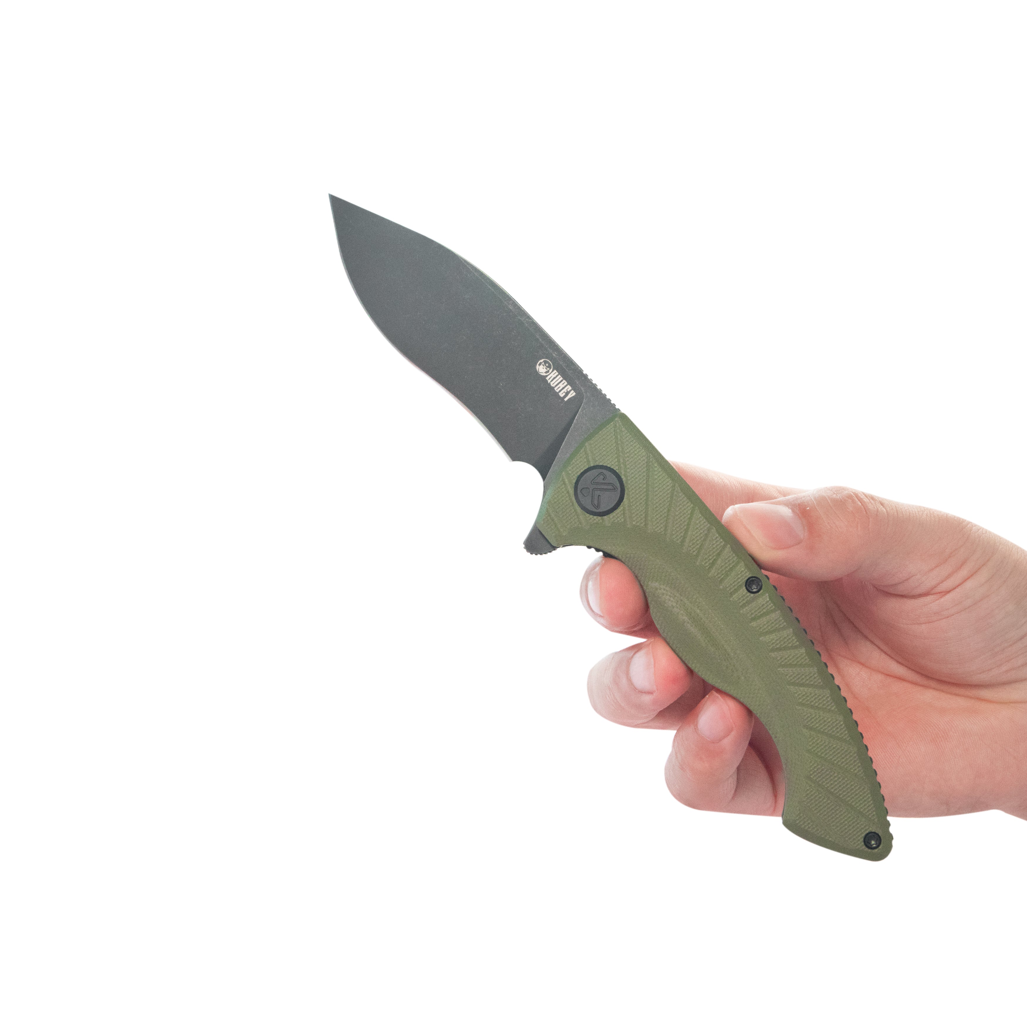 Kubey Timberwolf Flipper Outdoor Folding Knife Green G-10 Handle 3.46" Blackwash 14C28N Blade KU208J