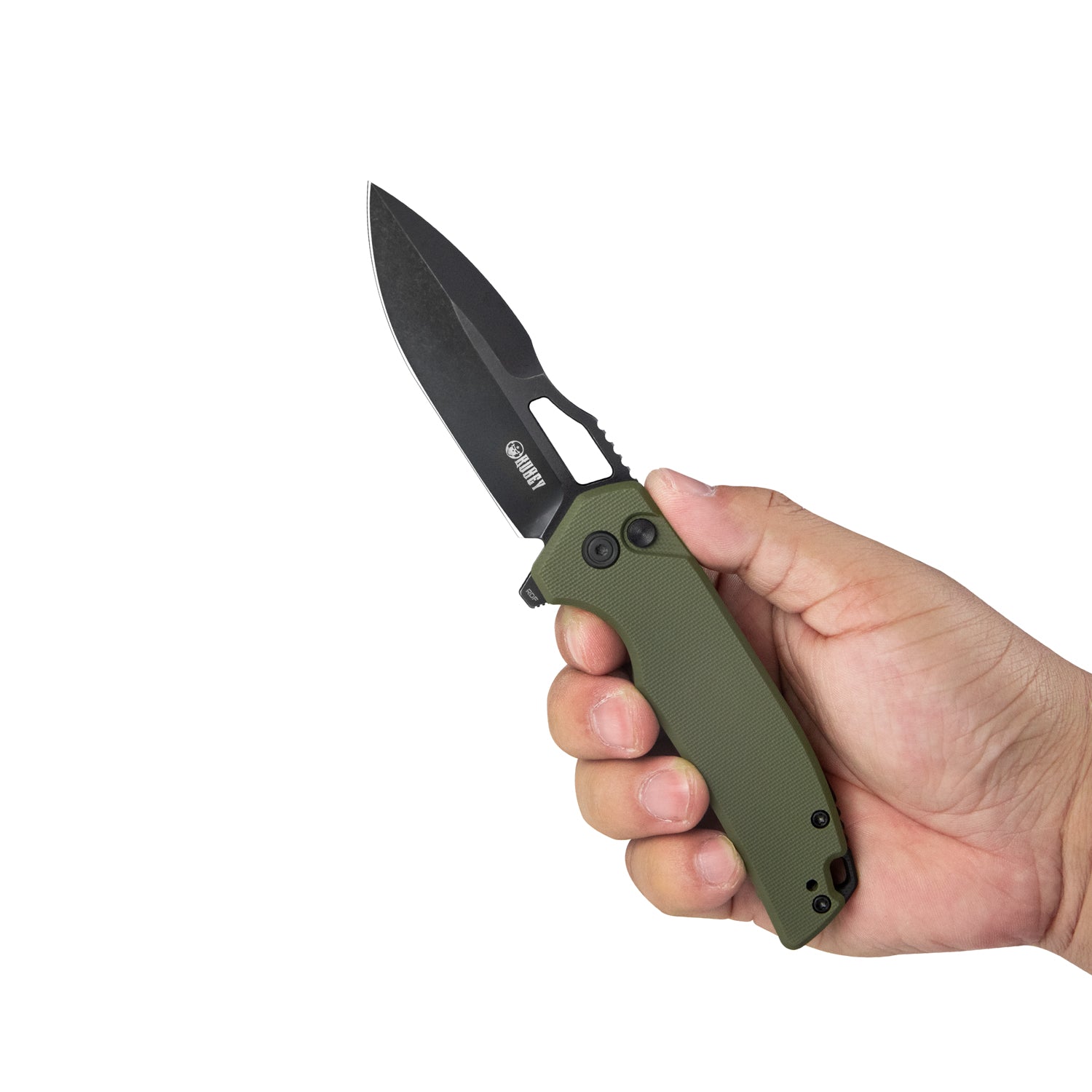 RDF Pocket Knife with Button Lock, Full-Contoured Green G-10 Handle 3.11" Blackwash AUS-10 Blade, Lightweight Folding Knife for EDC KU316B