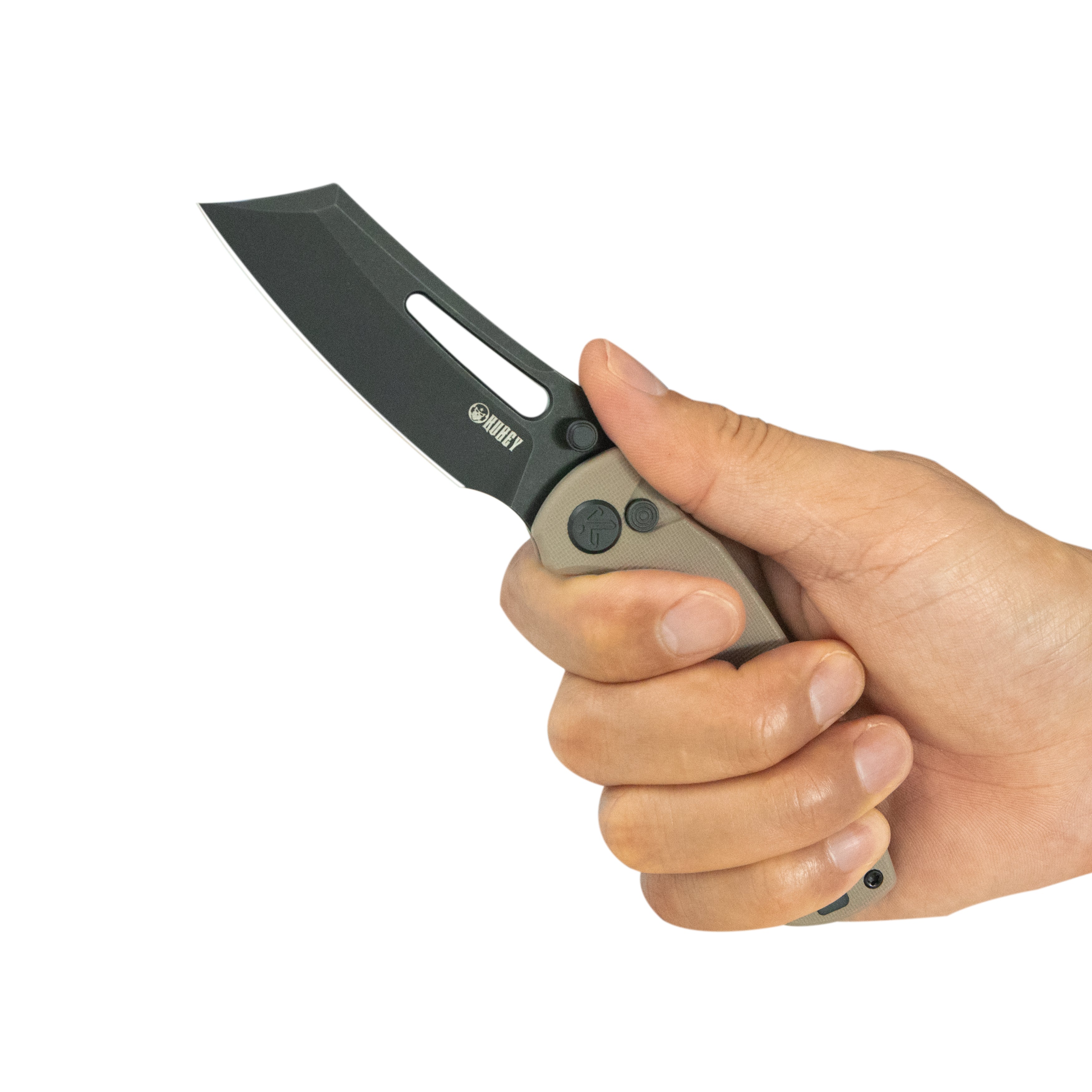 Kubey Dheo EDC Folding Knife Beige G-10 Handle 3.15" Blackwash Sandvik 14C28N Blade Knife KU378D