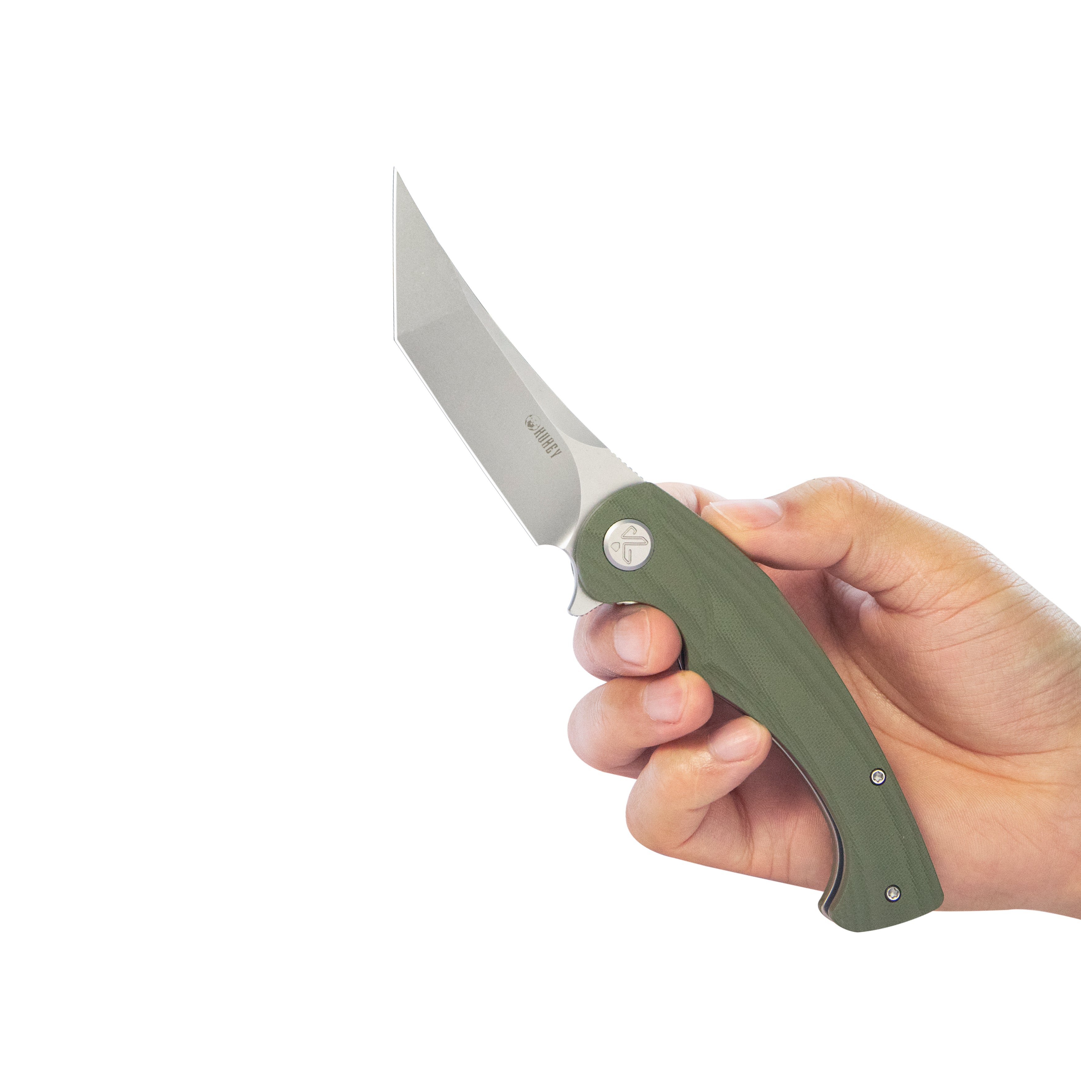 Kubey Scimitar Tanto Liner Lock Hunting Folding Knife Green G10 Handle 3.46" Beadblast 14C28N KU175A