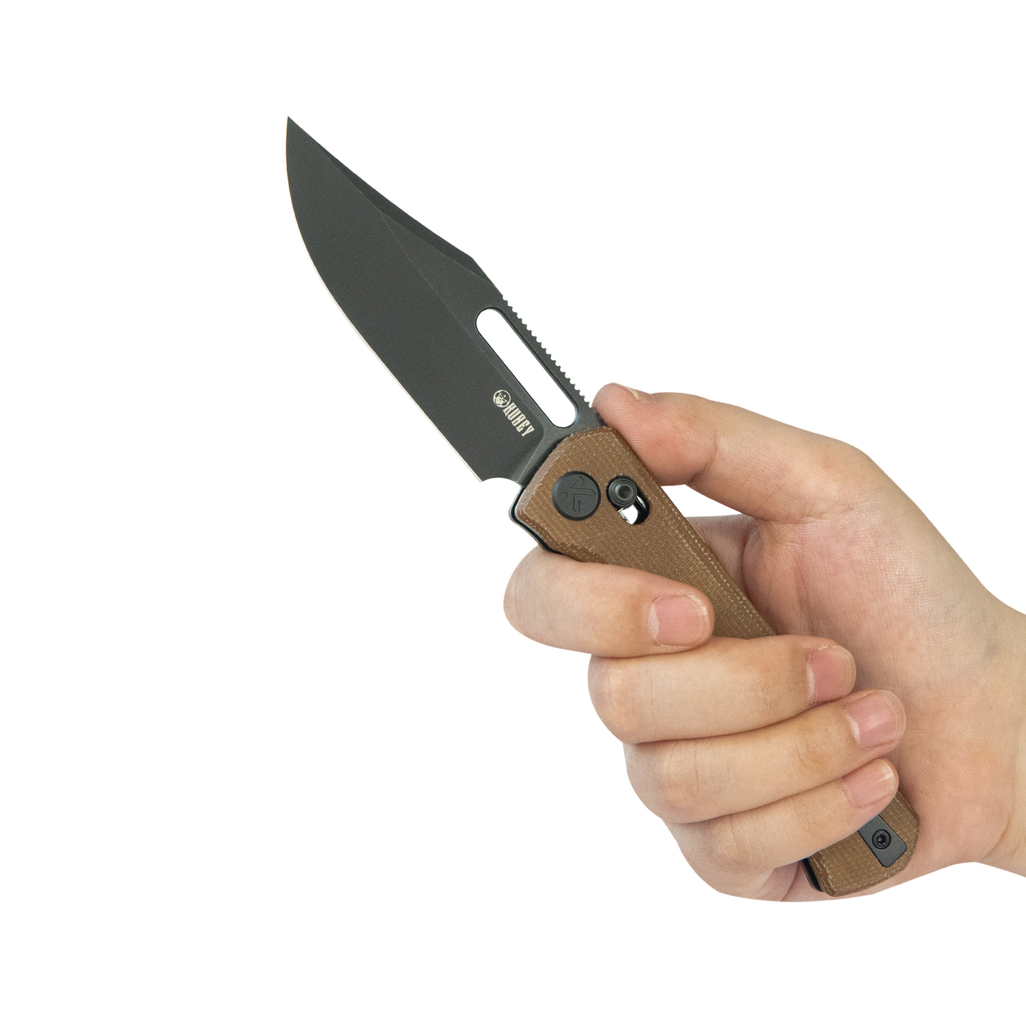 Kubey TBO Crossbar lock Everyday Carry Folding Knife Brown Micarta Handle 3.1" Blackwash 14C28N KU396E