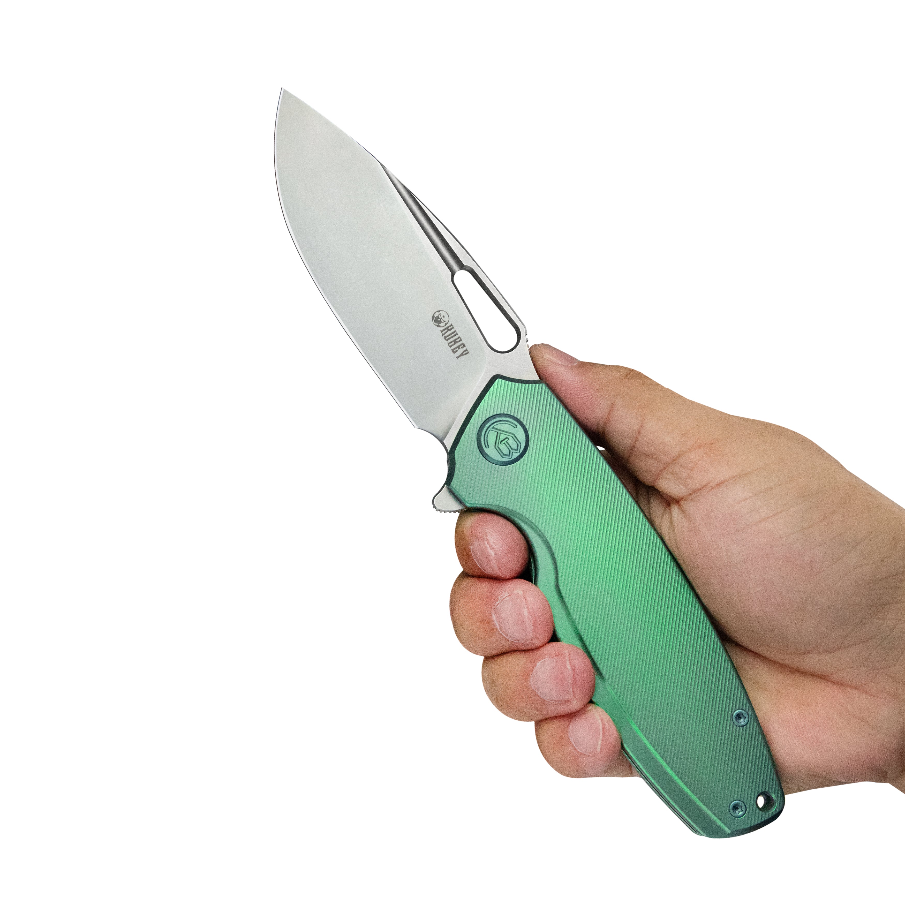 Kubey Tityus Frame Lock Flipper Folding Knife Green 6AL4V Contoured Titanium Handle 3.39" Bead Blasted 14C28N KB360B