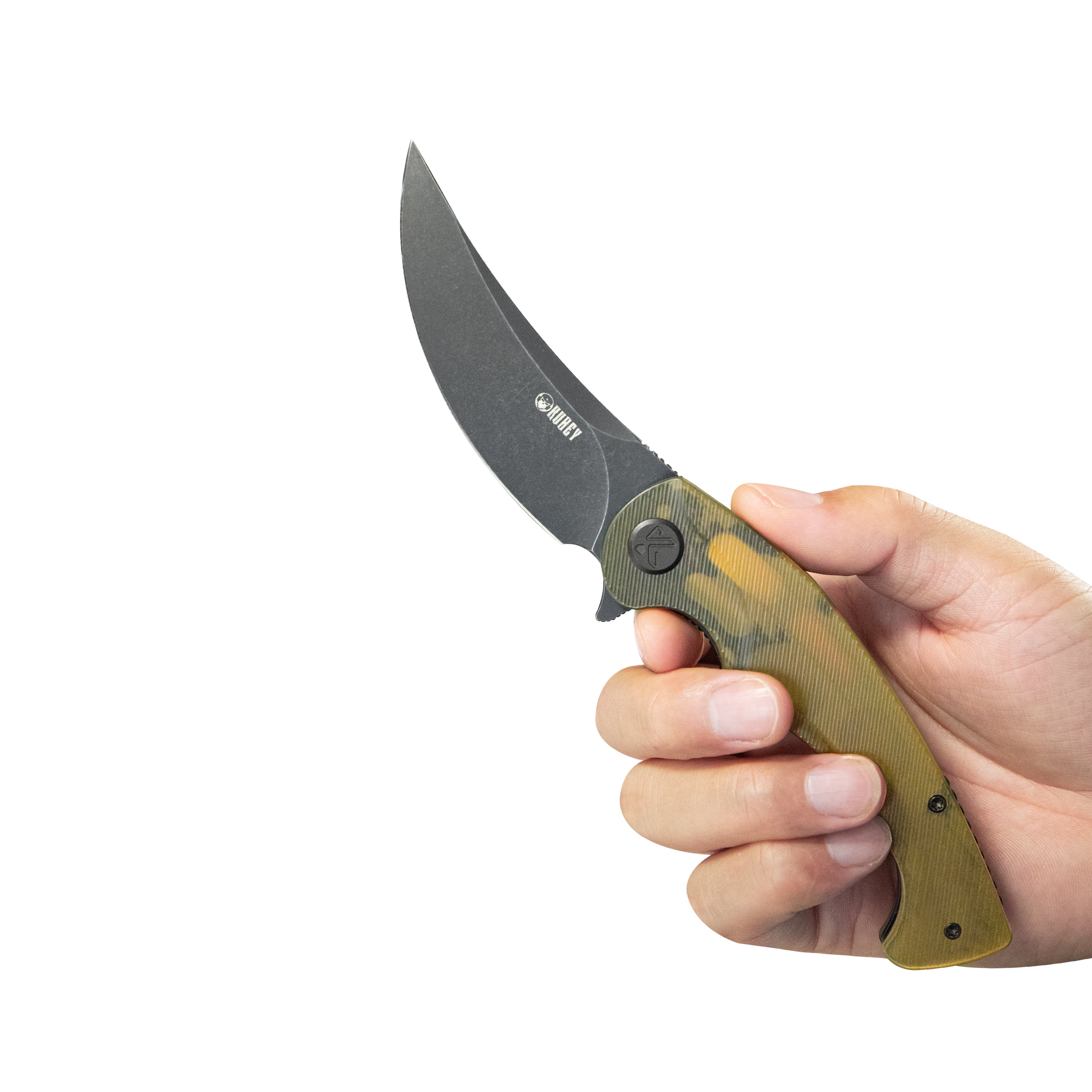 Kubey Scimitar Liner Lock Folding Knife Ultem Handle 3.46" Blackwash 14C28N KU173H