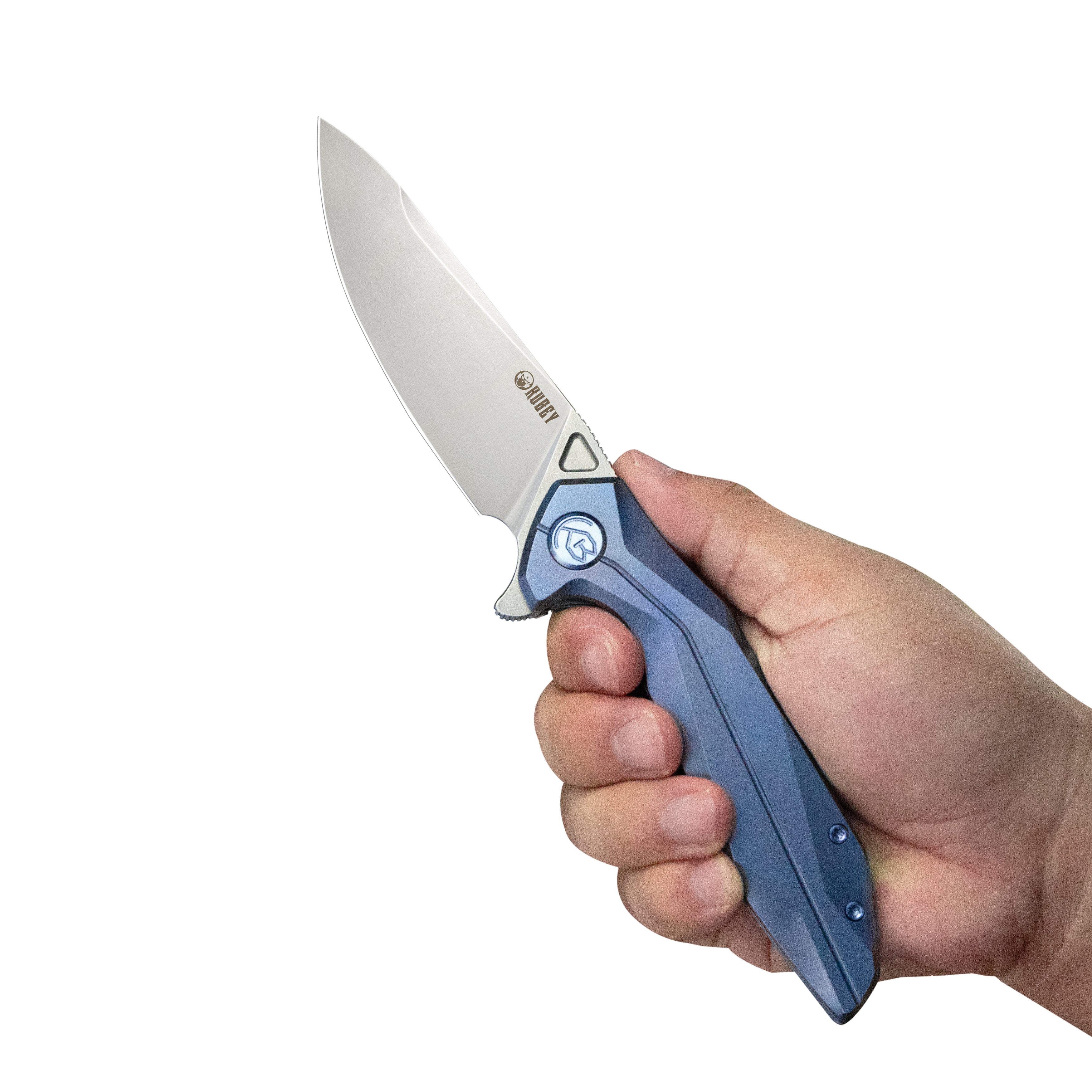 Kubey Nova Frame Lock Flipper Folding Knife Blue 6AL4V Titanium Handle 3.66" Bead Blasted 14C28N KB235C