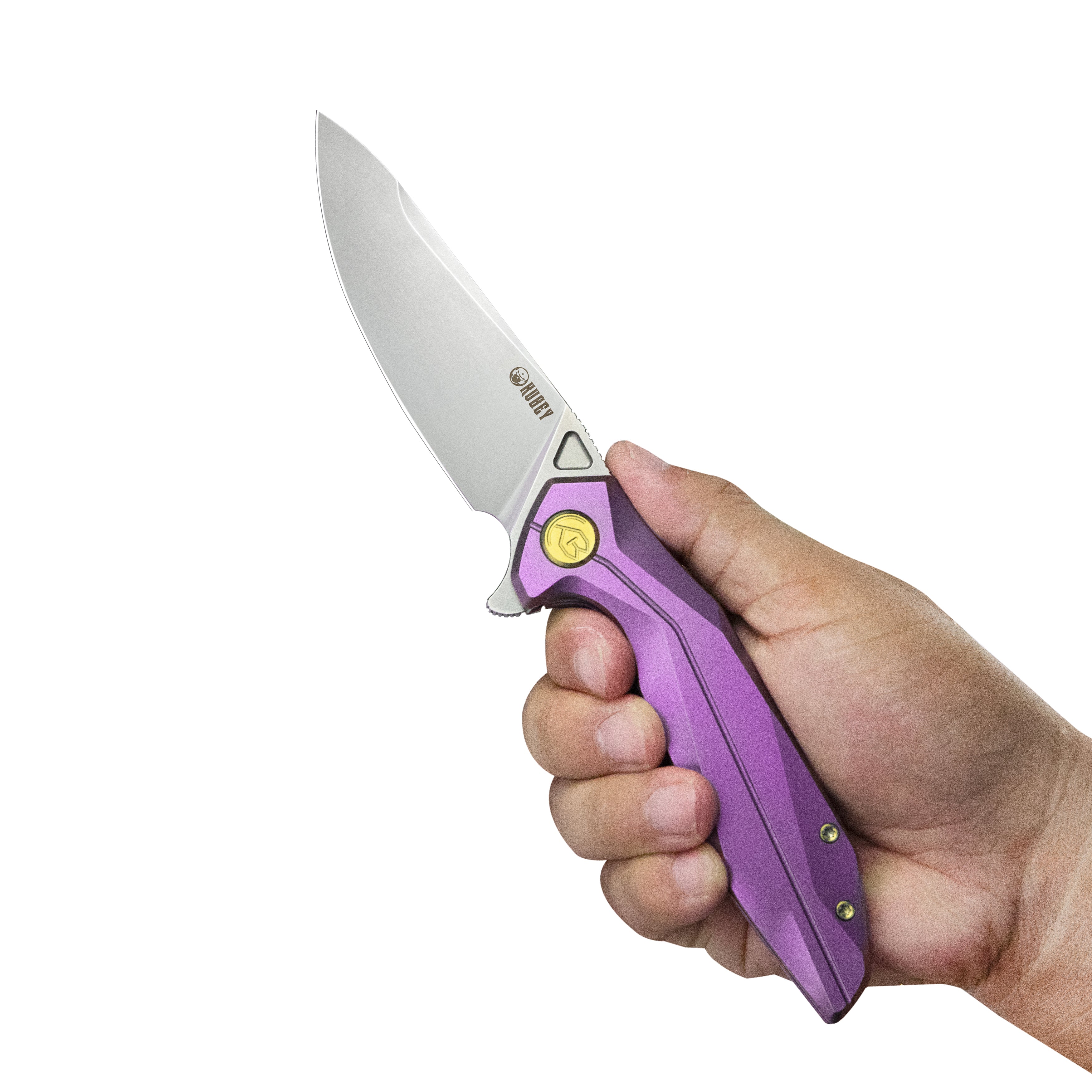 Kubey Nova Frame Lock Flipper Folding Knife Purple 6AL4V Titanium Handle 3.66" Bead Blasted 14C28N KB235D