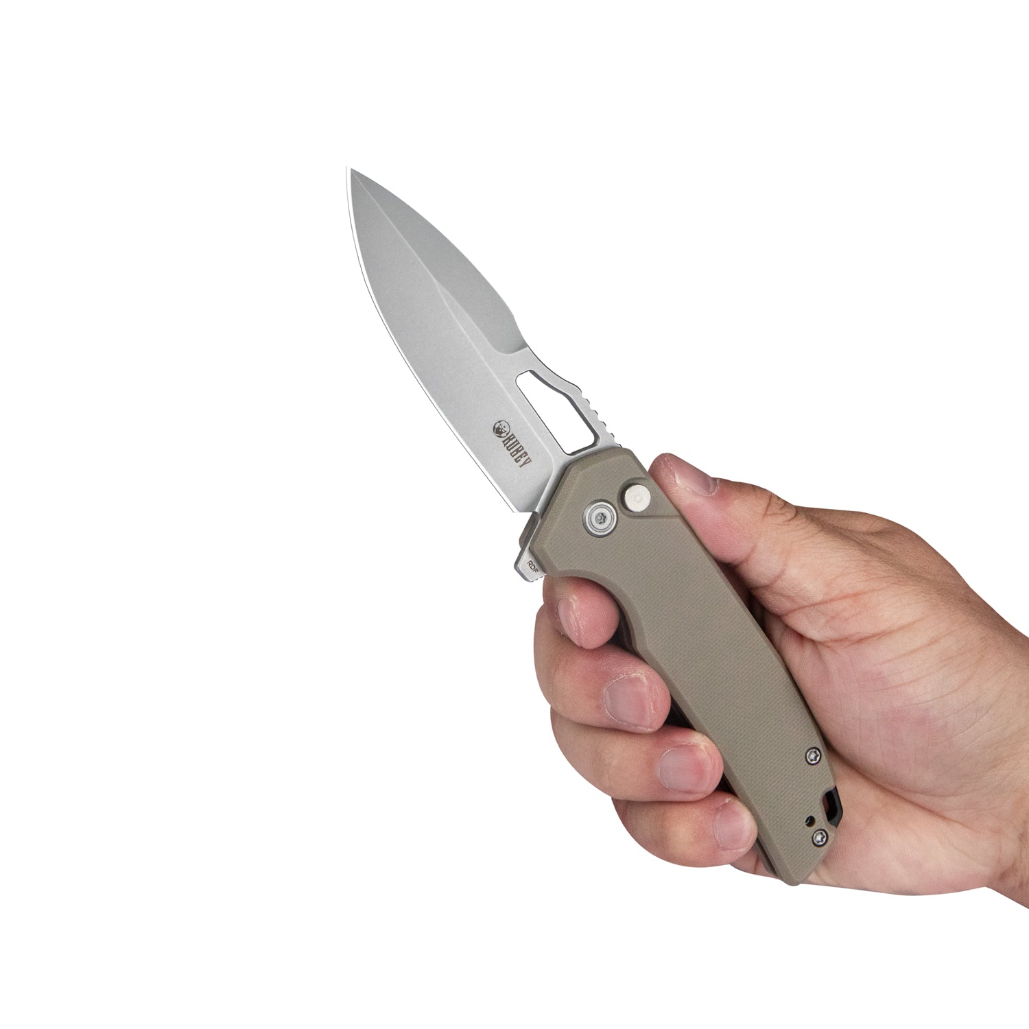 RDF Pocket Knife with Button Lock, Full-Contoured Tan G-10 Handle 3.11" Bead Blasted AUS-10 Blade, Lightweight Folding Knife for EDC KU316D