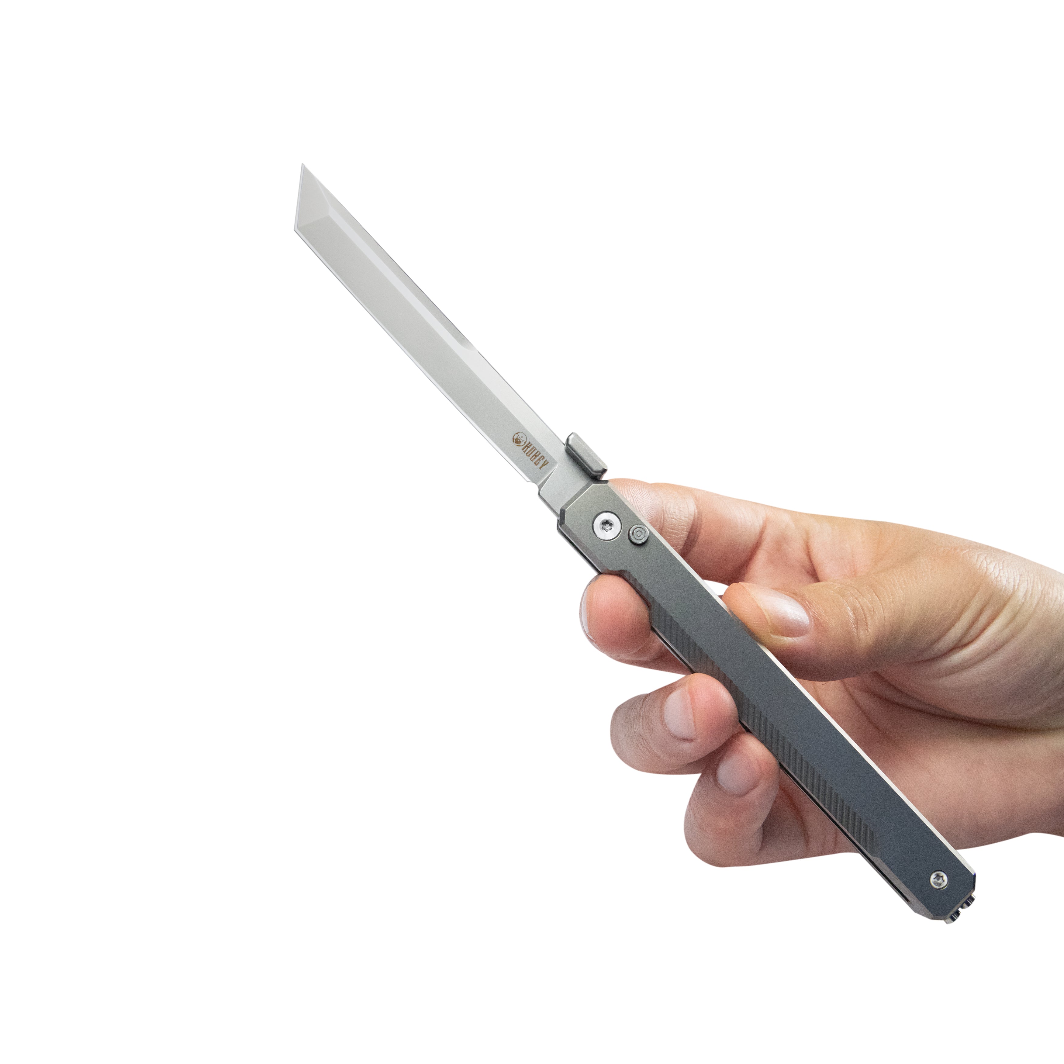 Kubey Prism Button Lock CEO Style Folding Knife Silver Grey 6AL4V Titanium Handle 3.54'' Beadblast 14C28N KB243A