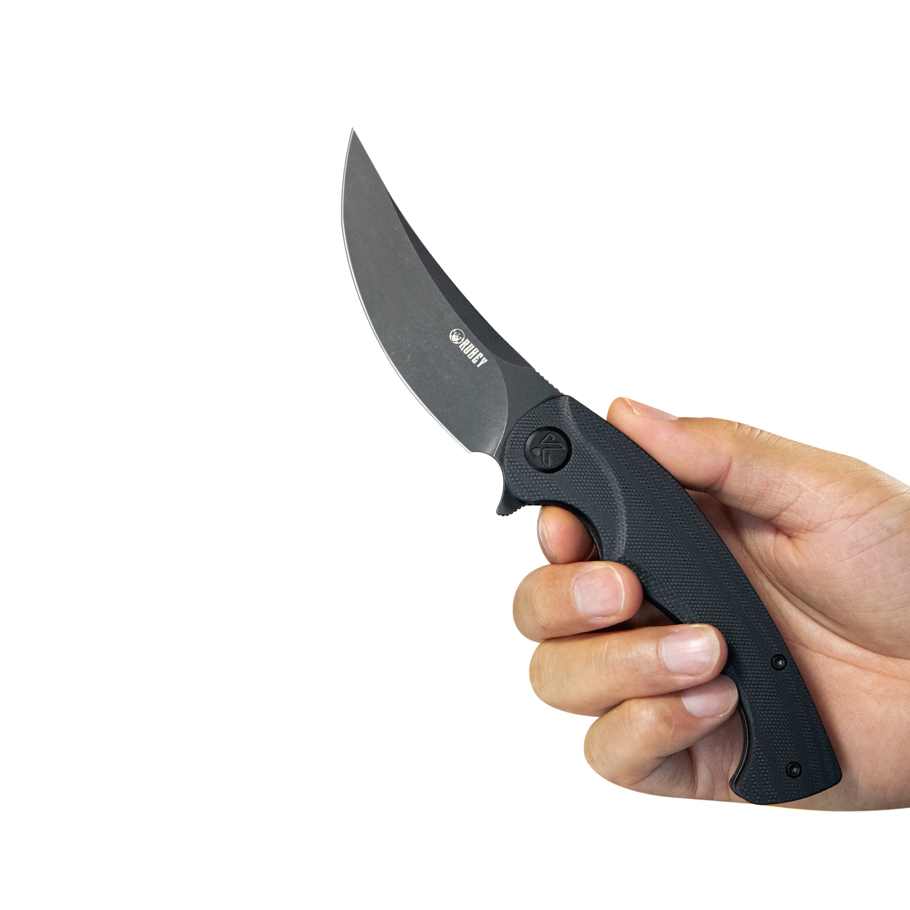 Kubey Scimitar Liner Lock Folding Knife Black G10 Handle 3.46" Blackwash 14C28N KU173L