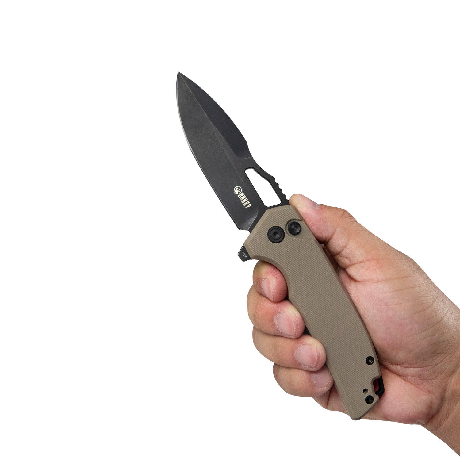RDF Pocket Knife with Button Lock, Full-Contoured Tan G-10 Handle 3.11" Blackwash AUS-10 Blade, Lightweight Folding Knife for EDC KU316F