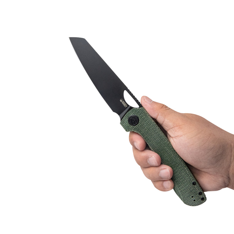 Elang Liner Lock Folding Knife Green Micarta Handle 3.94" Blackwashed Sheepsfoot AUS-10 KU365F