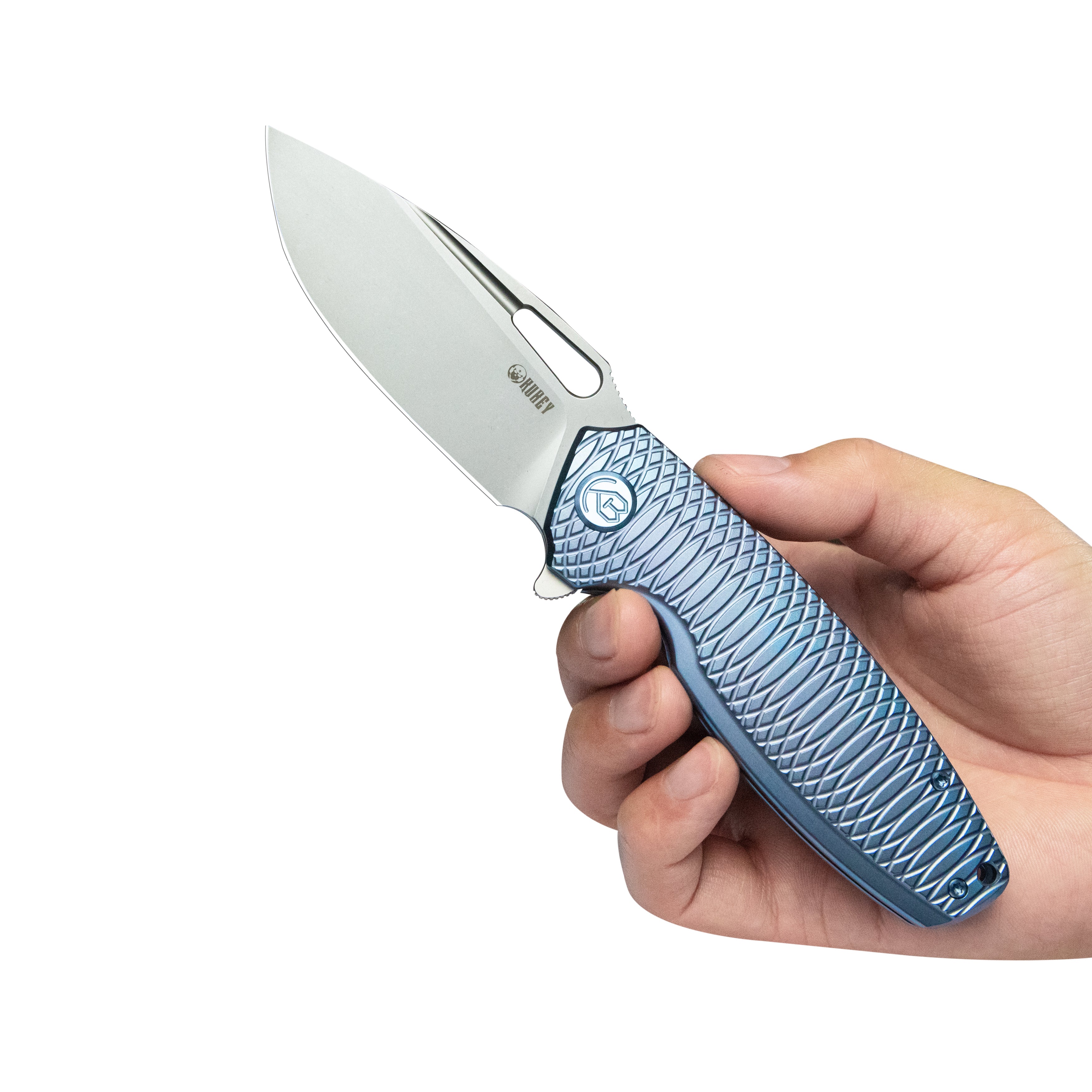 Kubey Tityus Frame Lock Flipper Folding Knife Blue Pattern Titanium Handle 3.39" Beadblast 14C28N KB360F