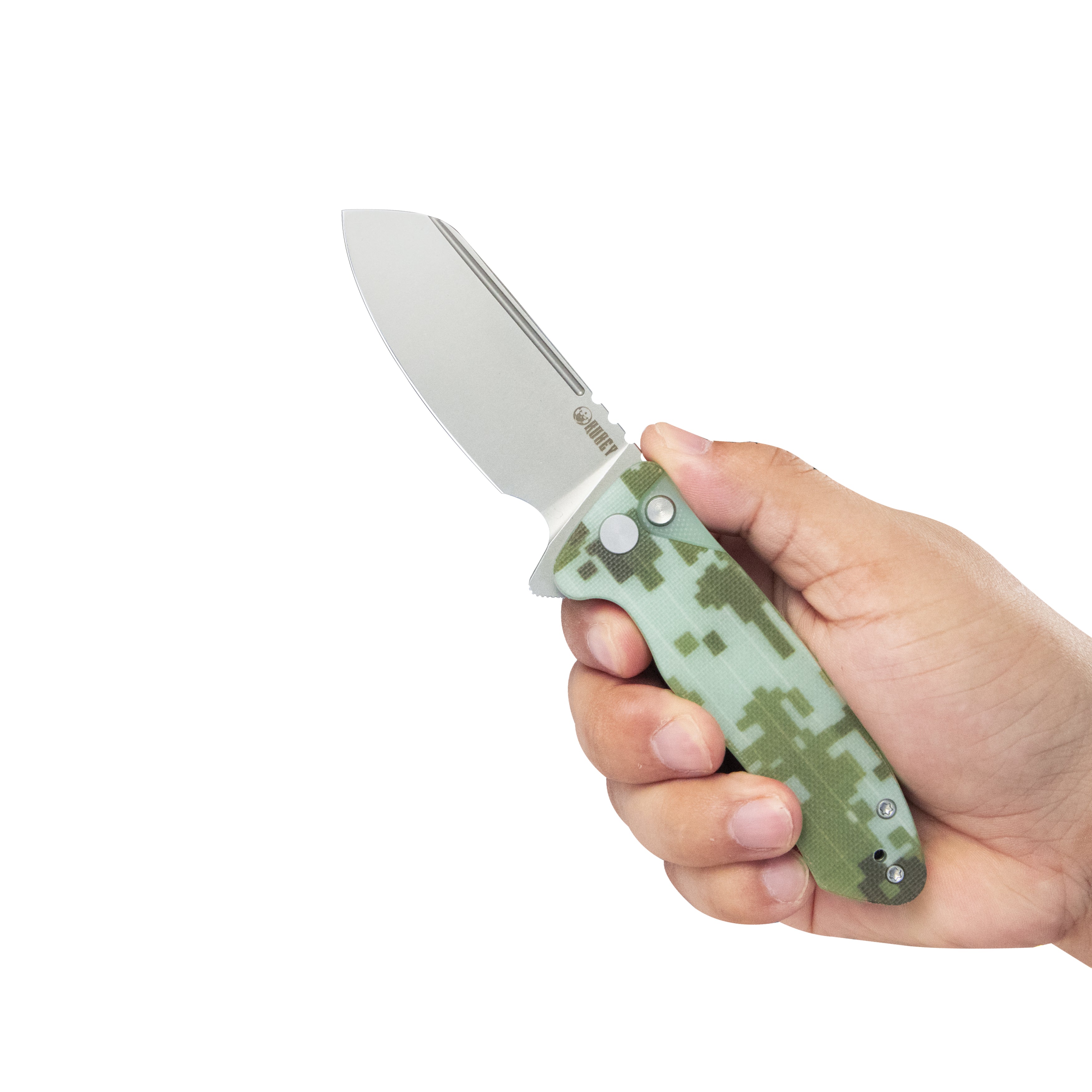 Creon Small Pocket Knife with Button Lock Camo G10 Handle 2.87" Beadblasted AUS-10 KU336J