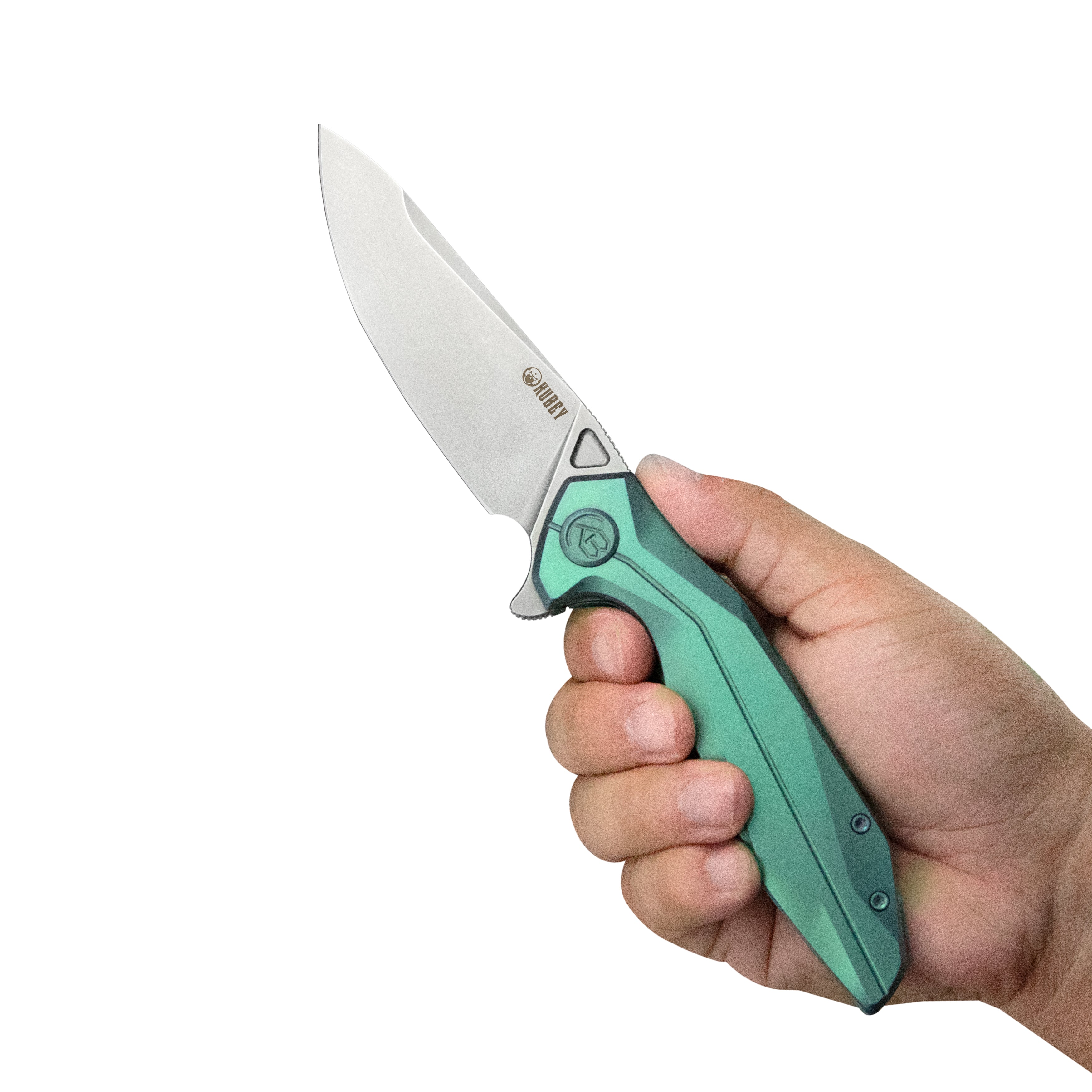 Kubey Nova Frame Lock Flipper Folding Knife Green 6AL4V Titanium Handle 3.66" Bead Blasted 14C28N KB235H