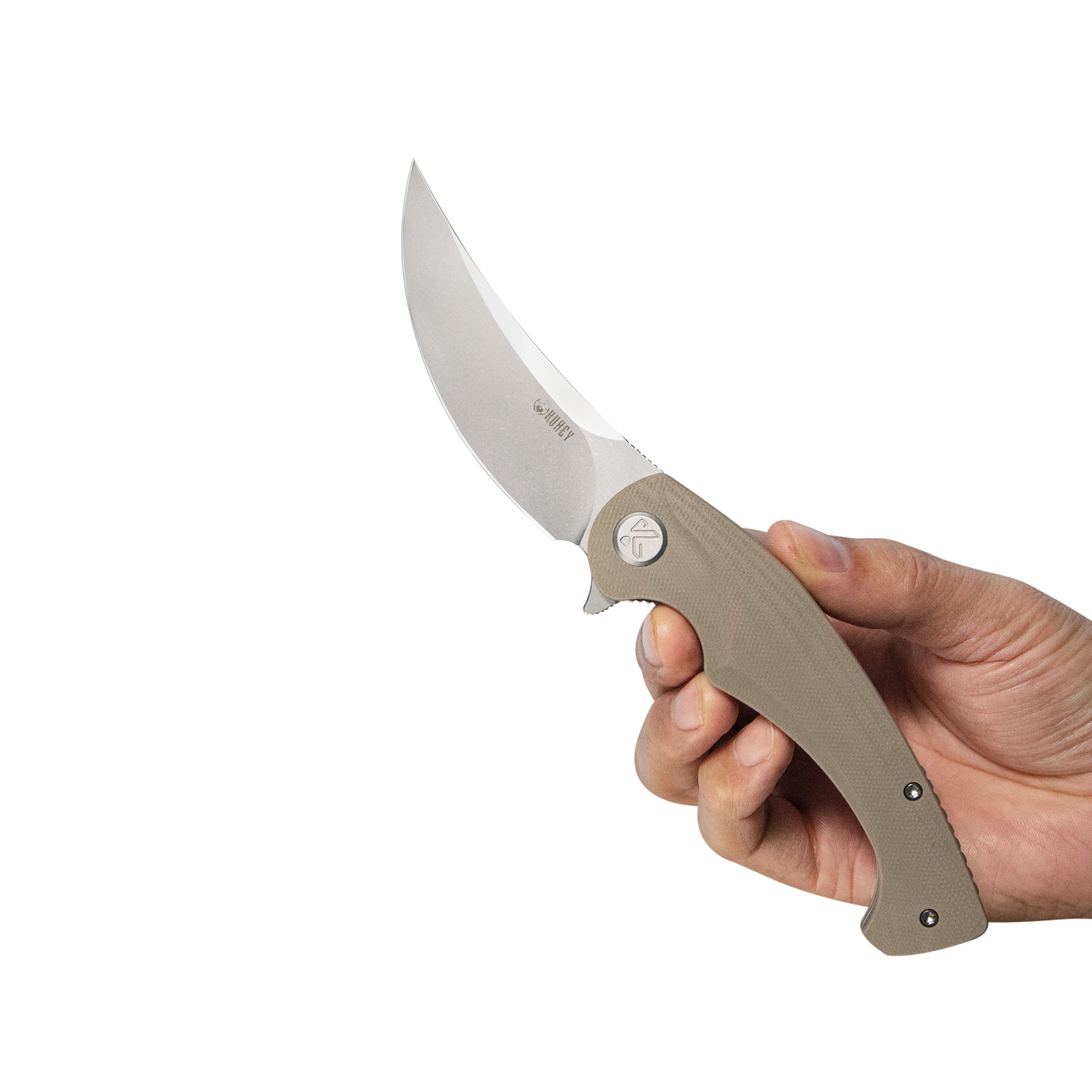 Kubey Scimitar Liner Lock Folding Knife Tan G10 Handle 3.46" Bead Blast 14C28N KU173M