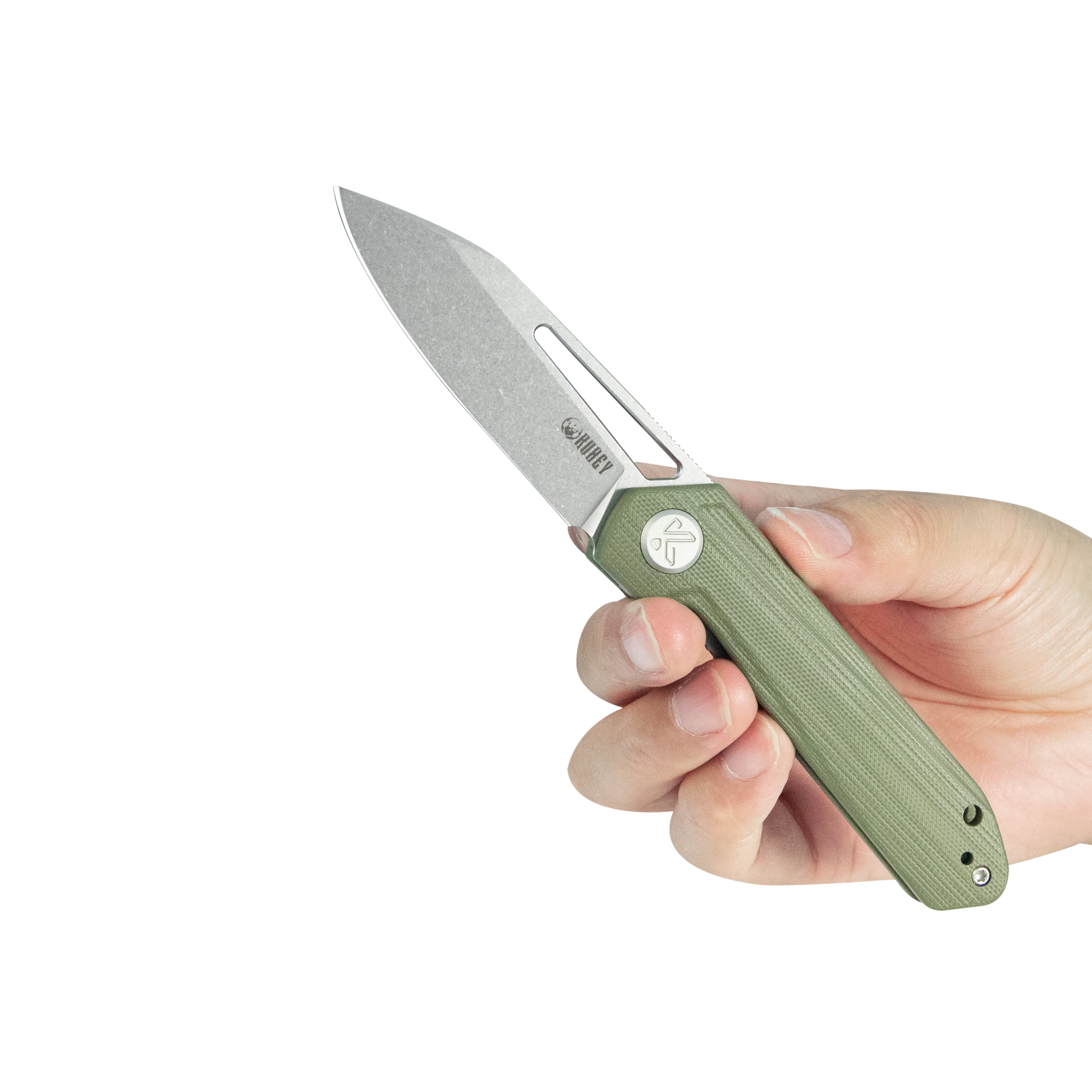 Kubey Royal CM Designs EDC Pocket Knife Front Flipper Green G10 Handle 2.99" Stonewash 14C28N KU321S