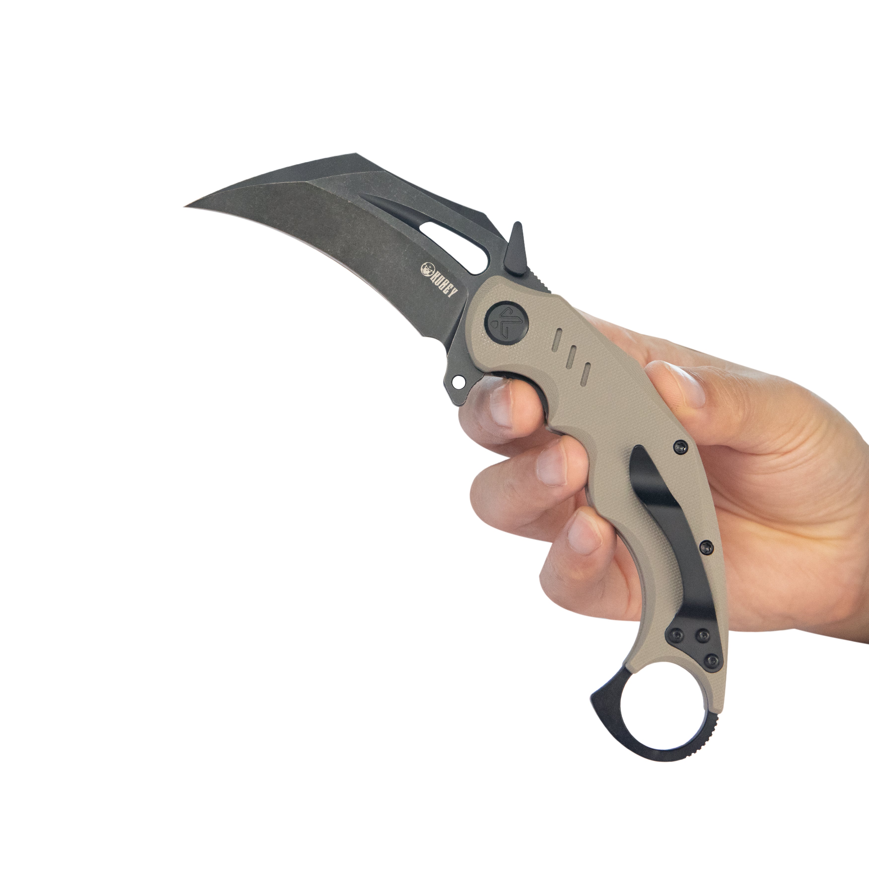 Kubey Wrath Karambit Folding Knife Tan G-10 Handle 2.68" Blackwash 14C28N Blade KU261G