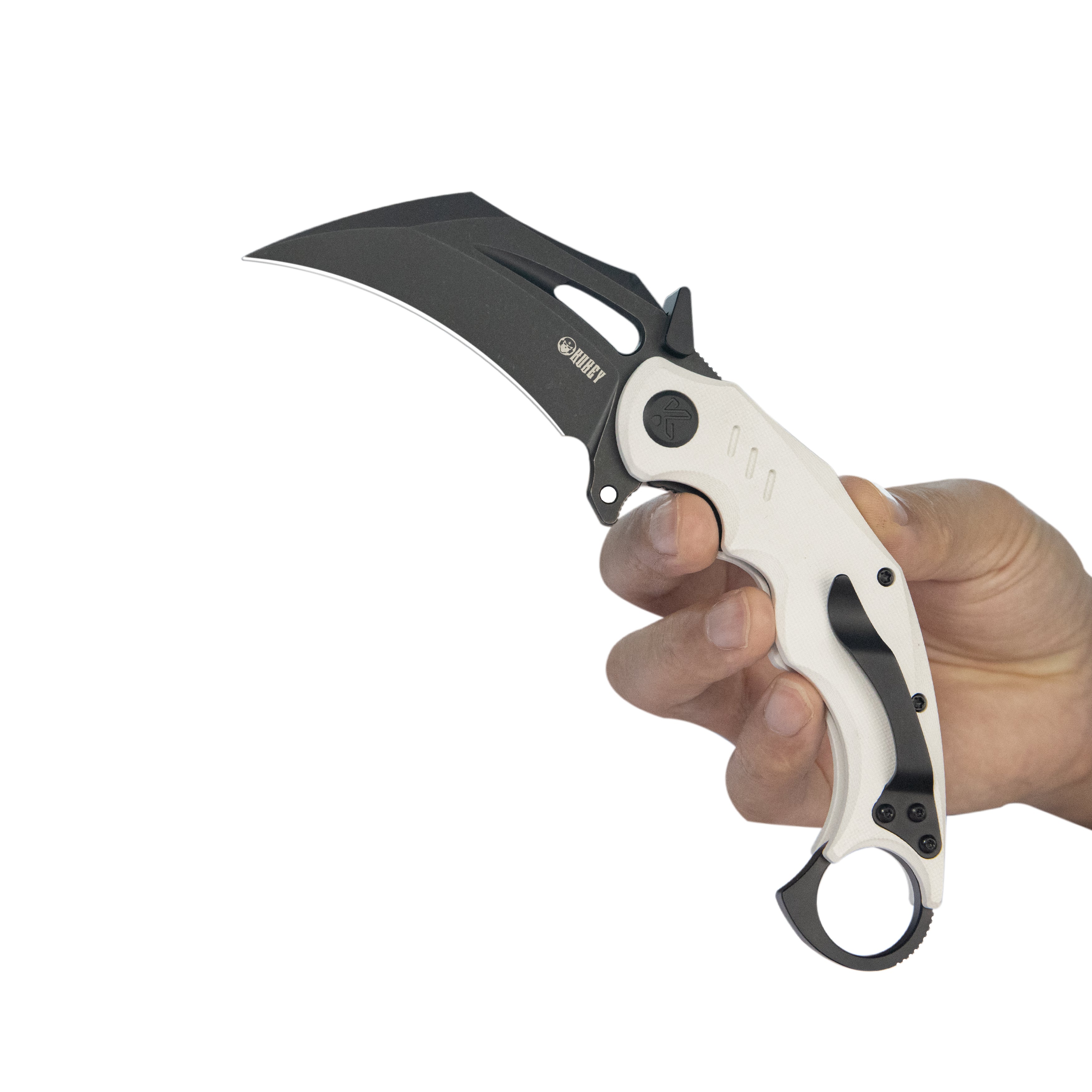 Kubey Wrath Karambit Folding Knife White G-10 Handle 2.68" Blackwash 14C28N Blade KU261J