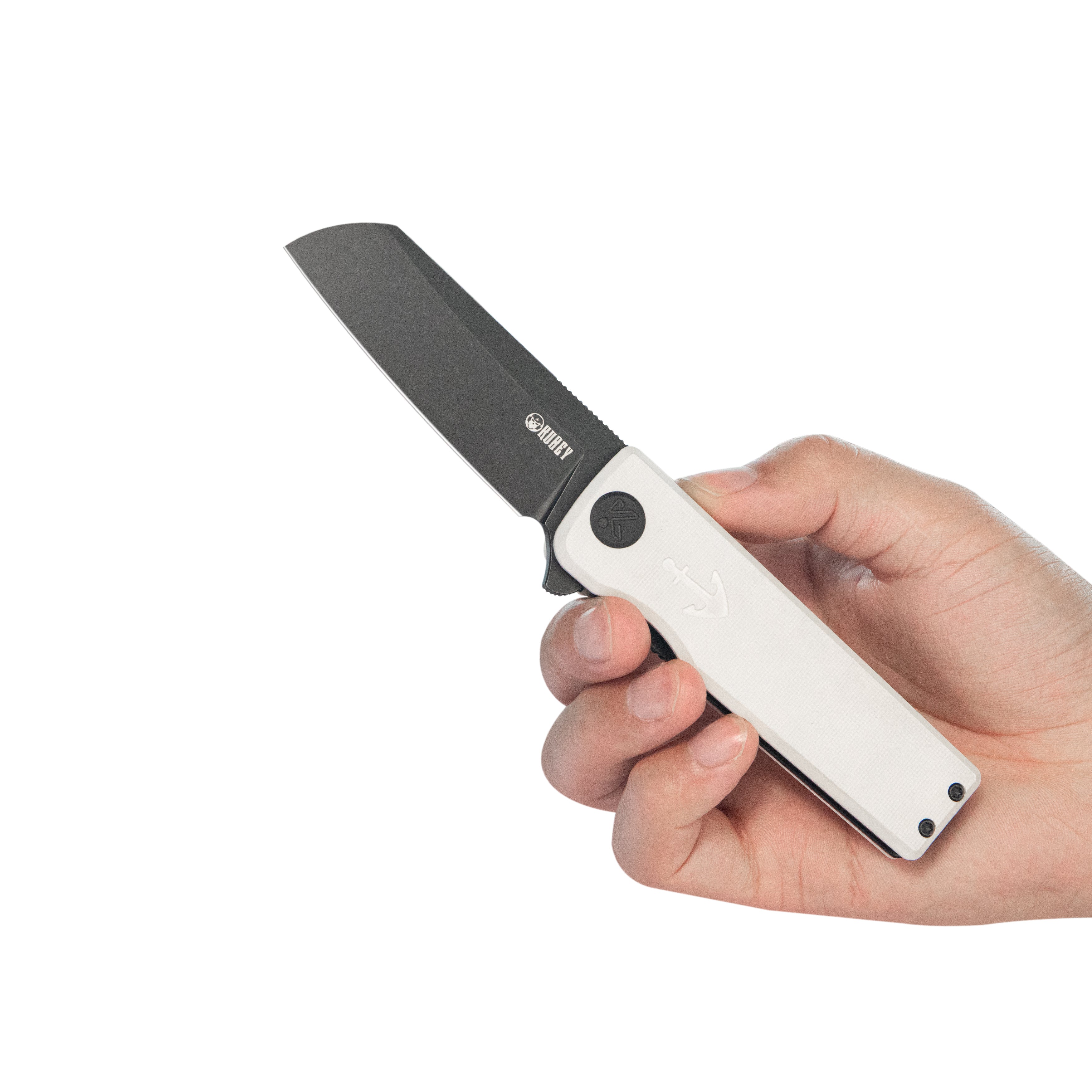 Kubey Sailor Liner Lock Flipper Outdoor Folding Knife White G10 Handle 3.11" Blackwash 14C28N Blade KU317J