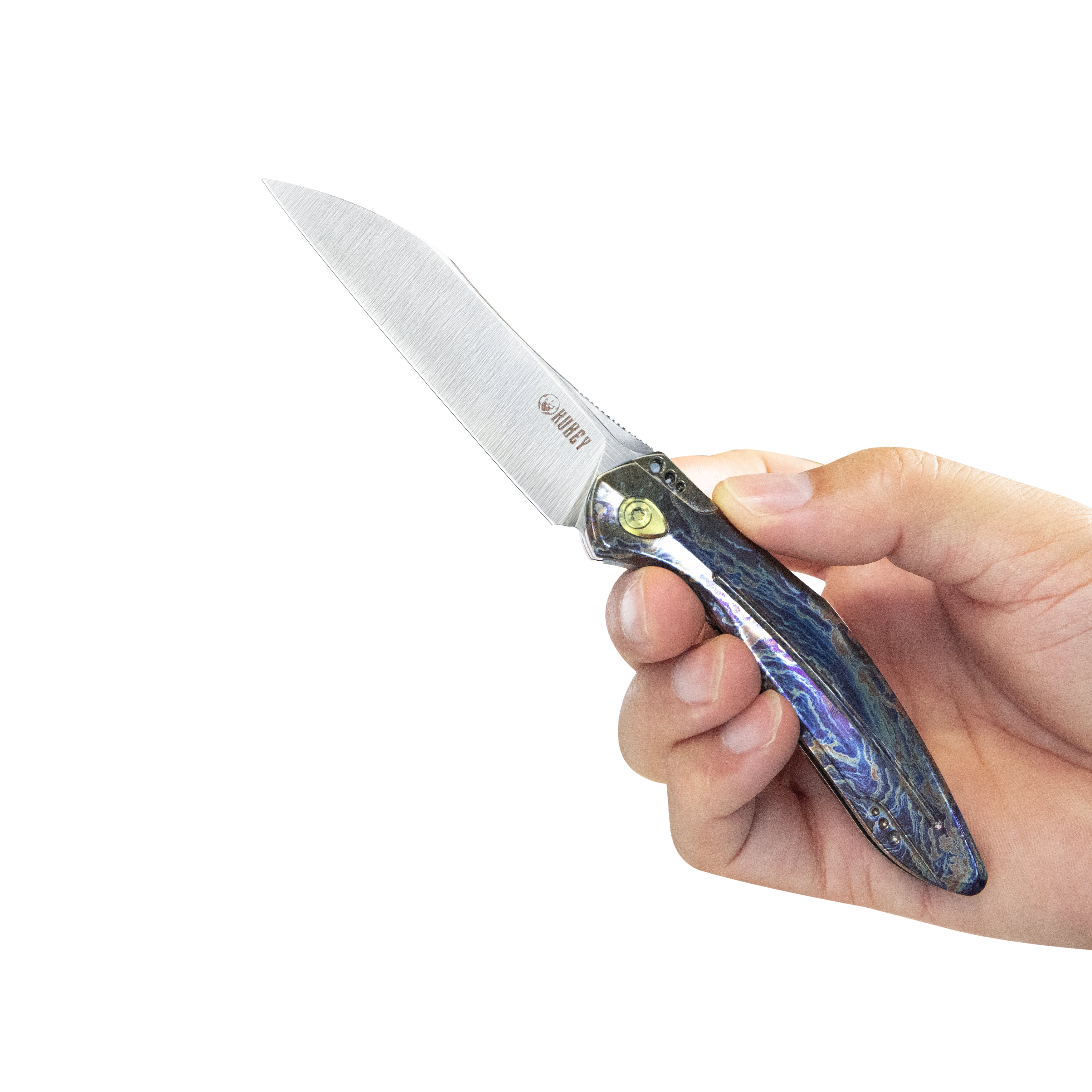 Kubey Barracuda Liner Lock Front Flipper Folding Knife Colorful Flame Titanium Handle 3.38" Satin M390 KB299E