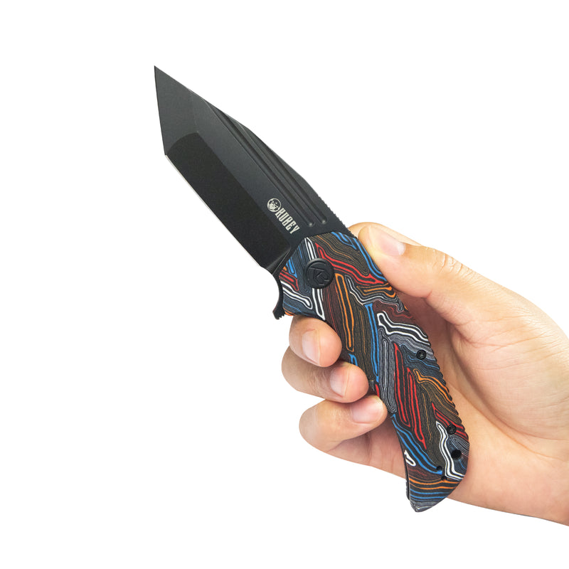 Mikkel Willumsen Design Bravo one Tanto Outdoor Folding Camping Knife Damascus Pattern Colorful G10 Handle 3.39" Blackwash AUS-10 KU318F