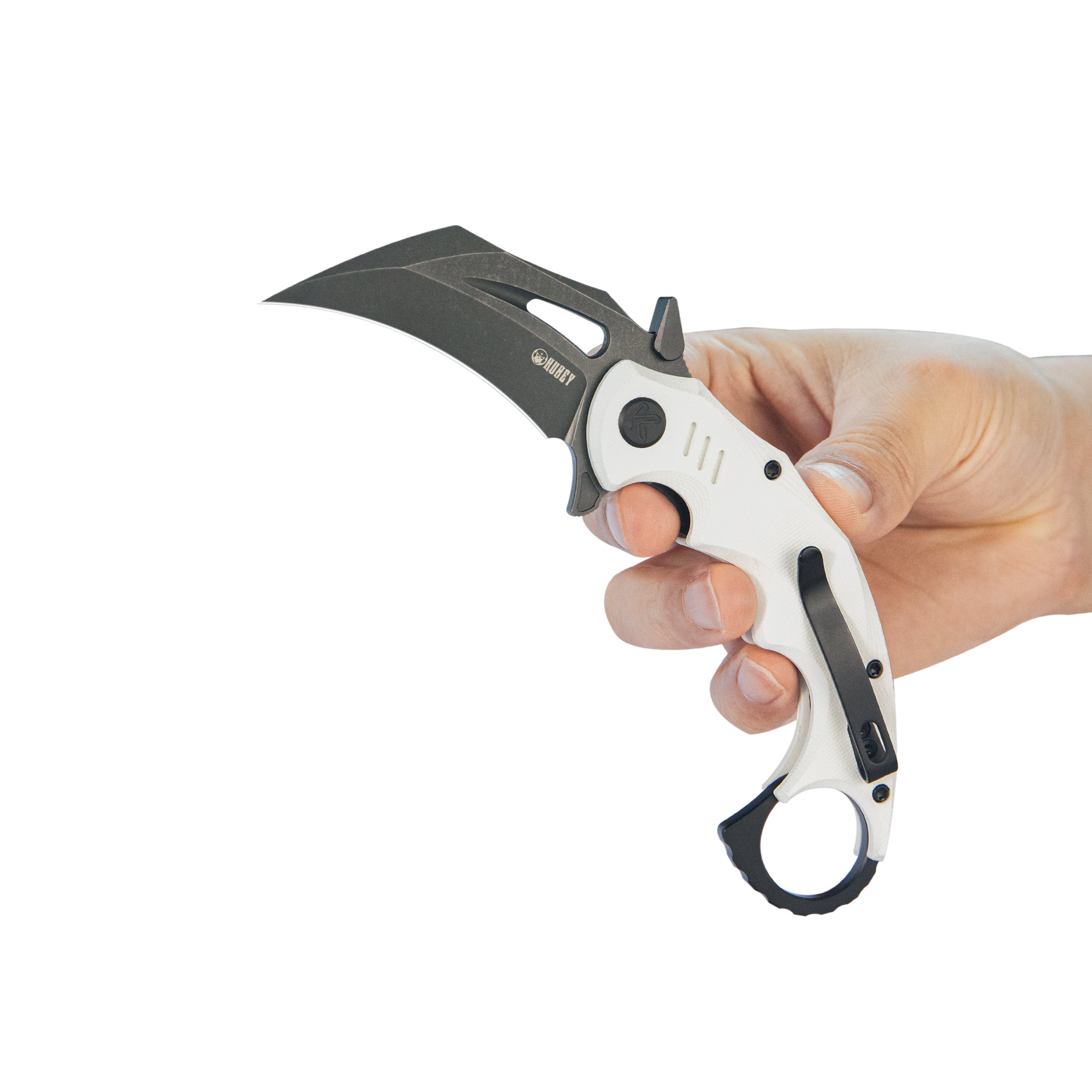 Kubey Mini Wrath Karambit Folding Knife White G-10 Handle 2.44" Blackwash 14C28N Blade KU262I