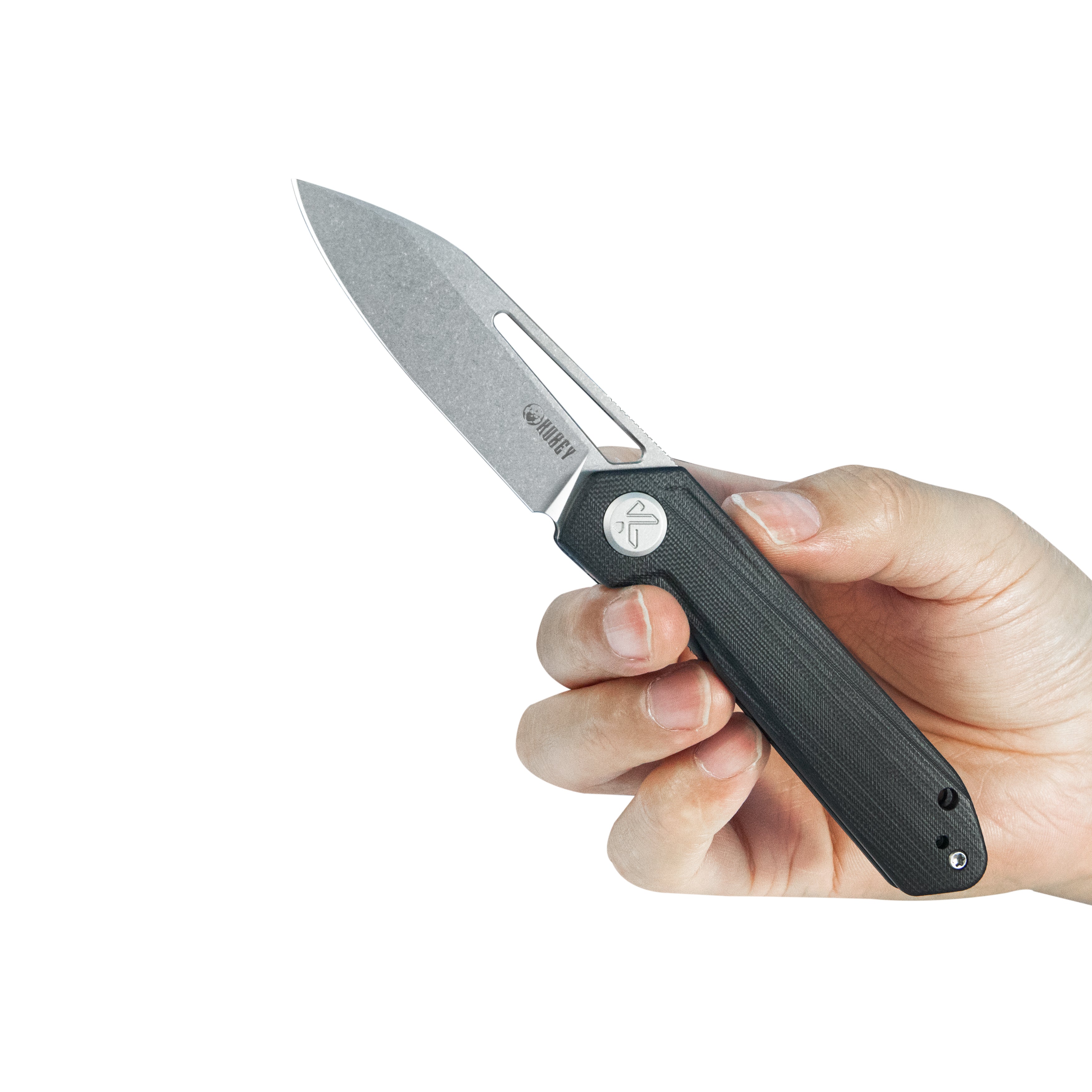 Kubey Royal CM Designs EDC Pocket Knife Front Flipper Black G10 Handle 2.99" Stonewash 14C28N KU321P