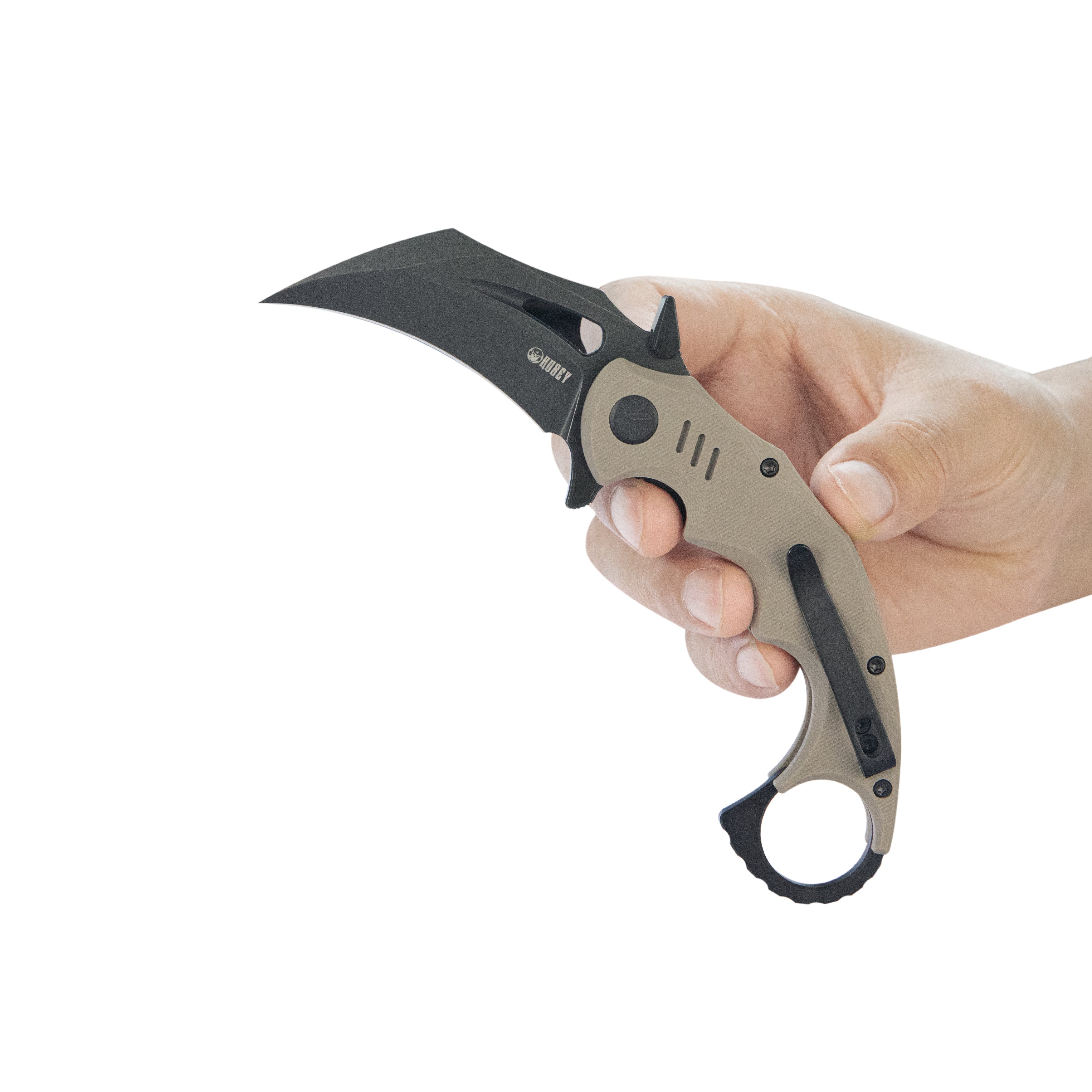 Kubey Mini Wrath Karambit Folding Knife Tan G-10 Handle 2.44" Blackwash 14C28N Blade KU262G