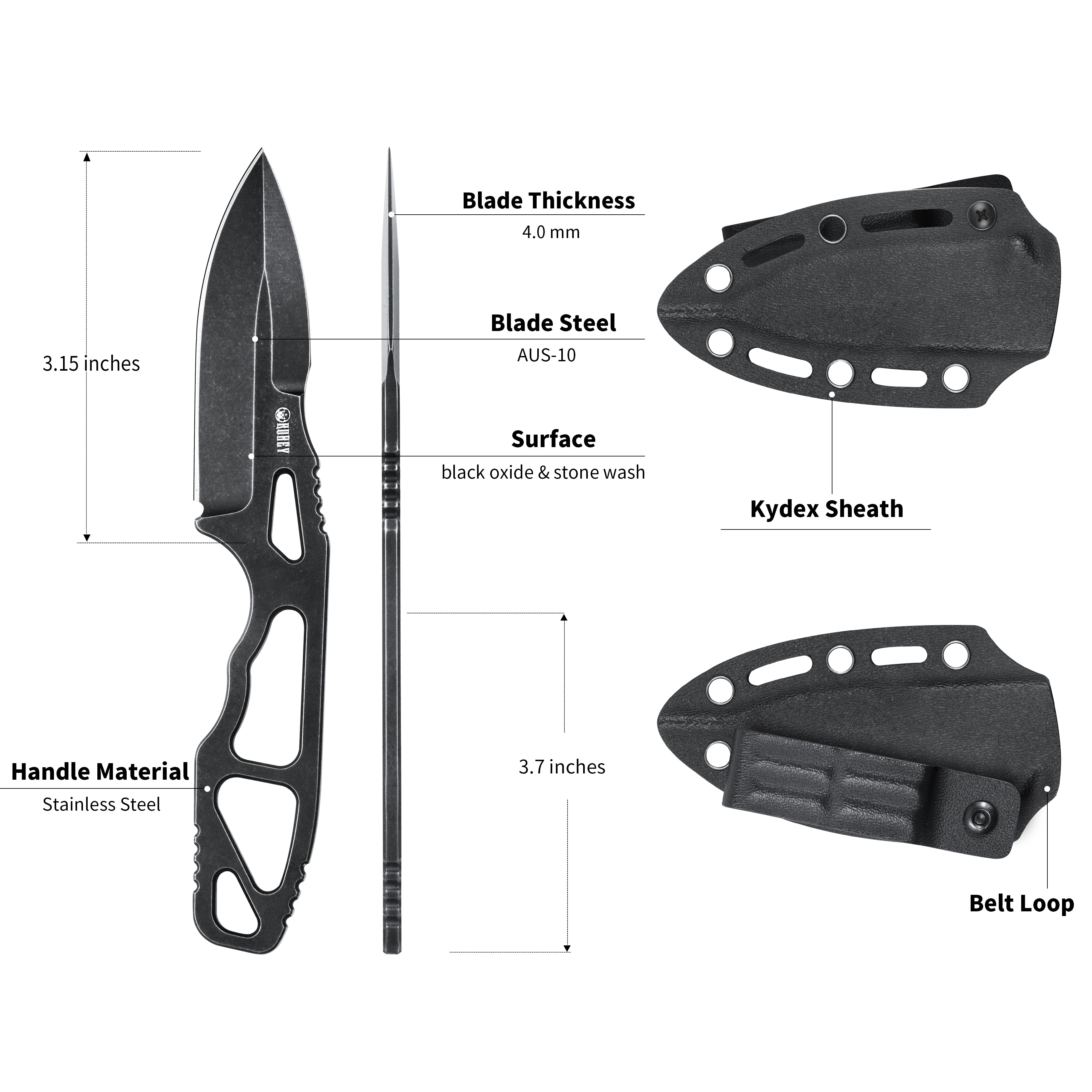 Kubey 7.62 TAG Fixed Blade Knife Blackwash AUS-10 Handle 3.15'' Blackwash AUS-10 Blade Knife KU282A