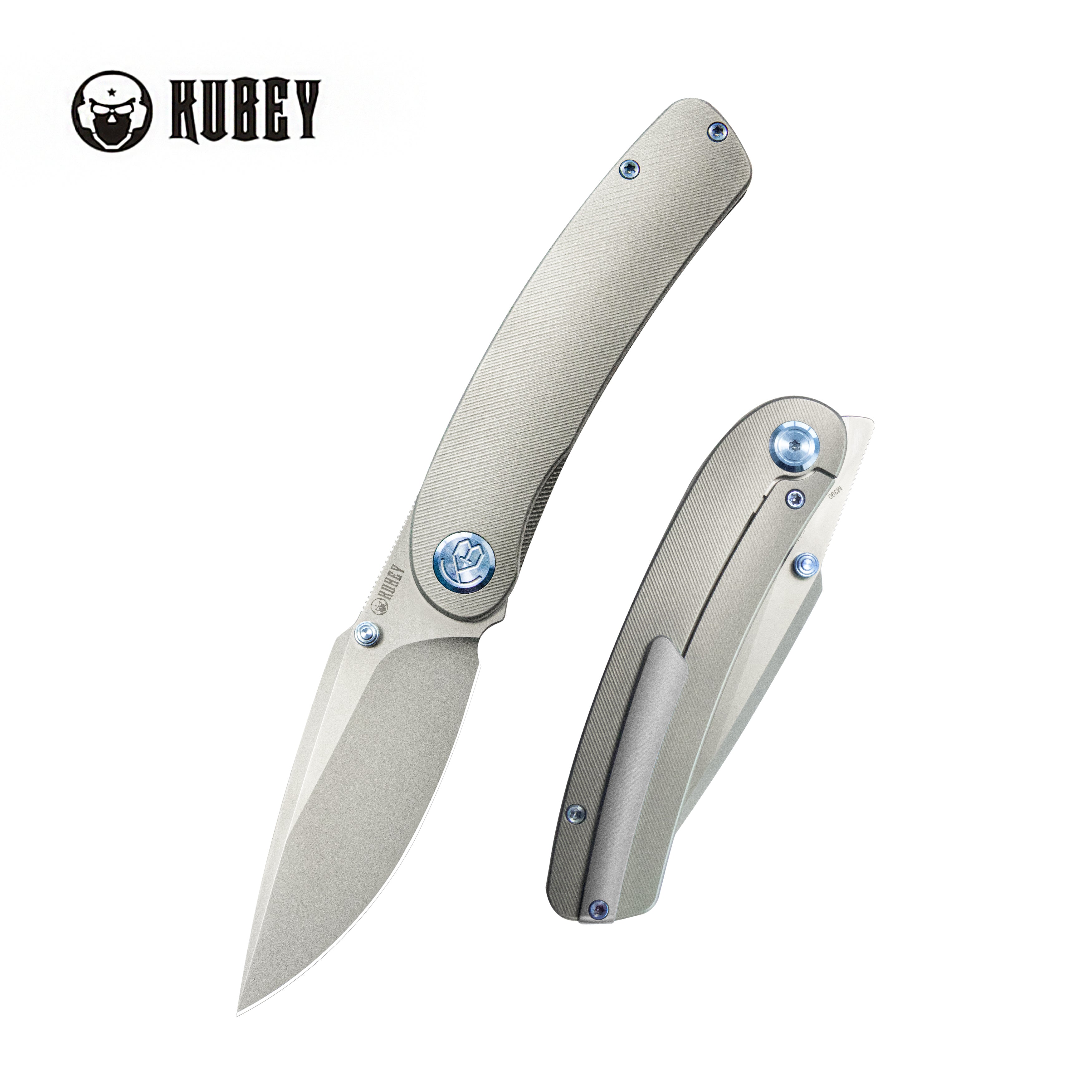 Kubey Momentum Frame Lock Front Flipper Pocket Folding Knife Grey Titanium Handle 3.43" Beadblast M390 KB386A