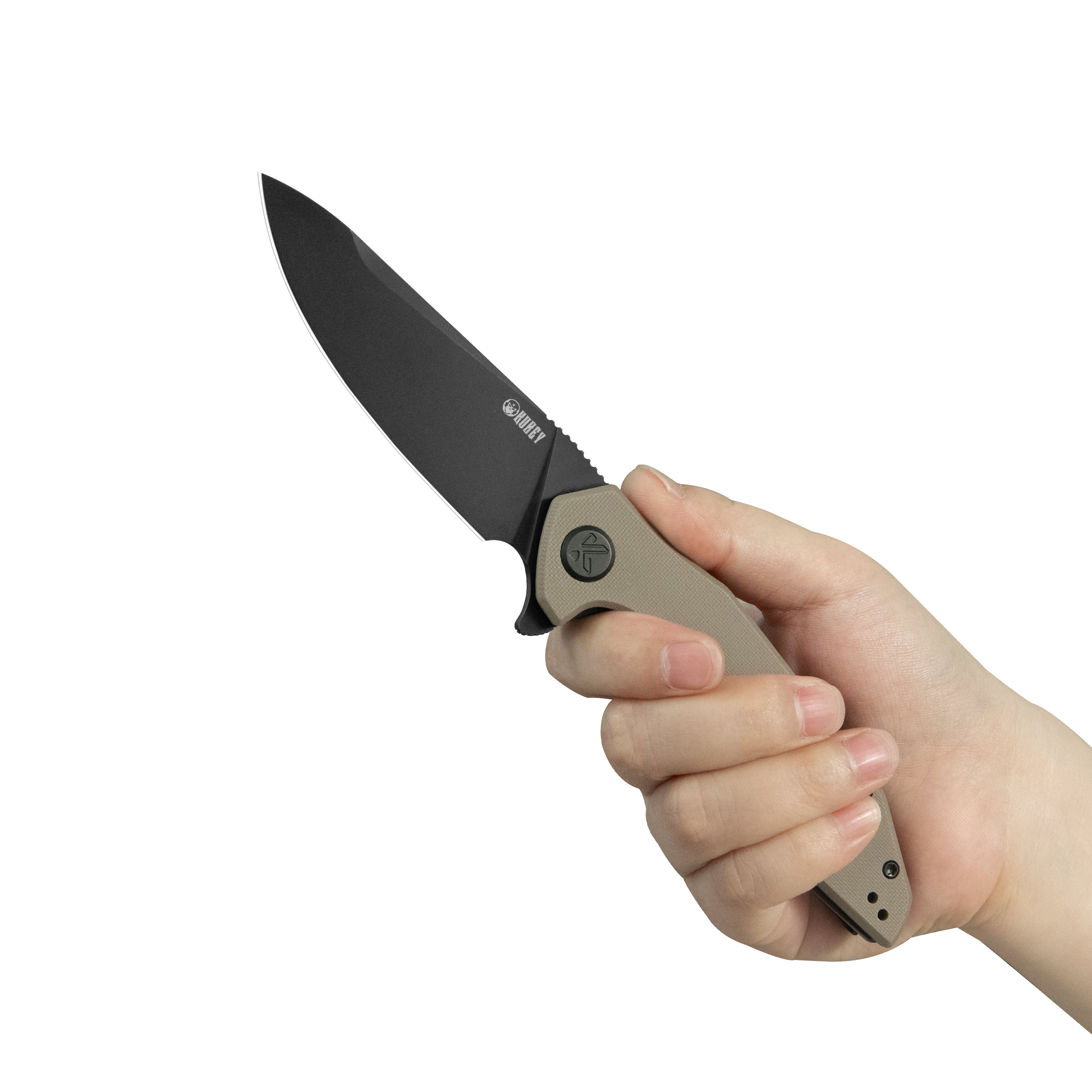 Kubey Nova Liner Lock Flipper Folding Pocket Knife Beige G-10 Handle Blackwash 14C28N KU117P