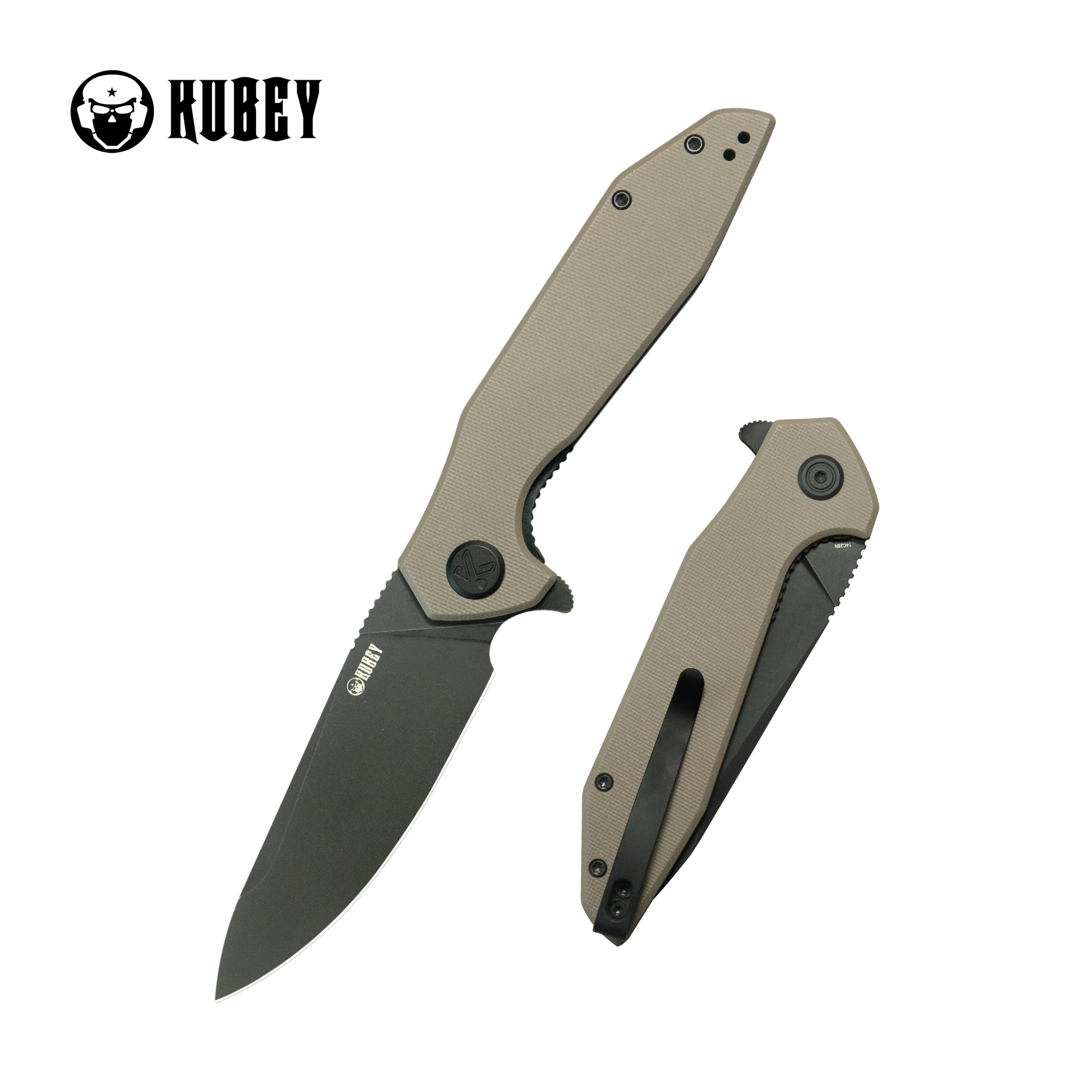 Kubey Nova Liner Lock Flipper Folding Pocket Knife Beige G-10 Handle Blackwash 14C28N KU117P