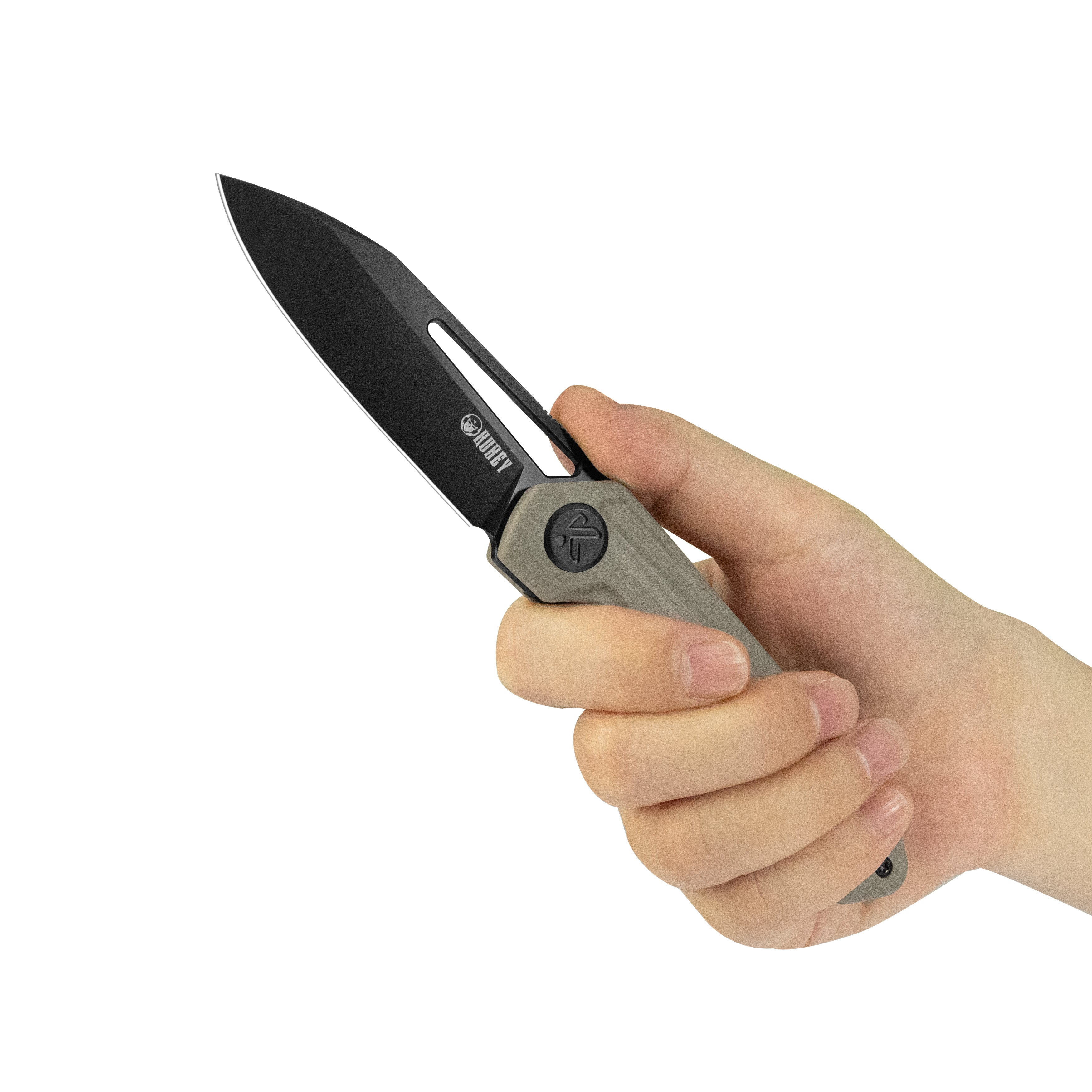 Kubey Royal CM Designs EDC Pocket Knife Front Flipper Khaki G10 Handle 2.99" Blackwash 14C28N KU321V