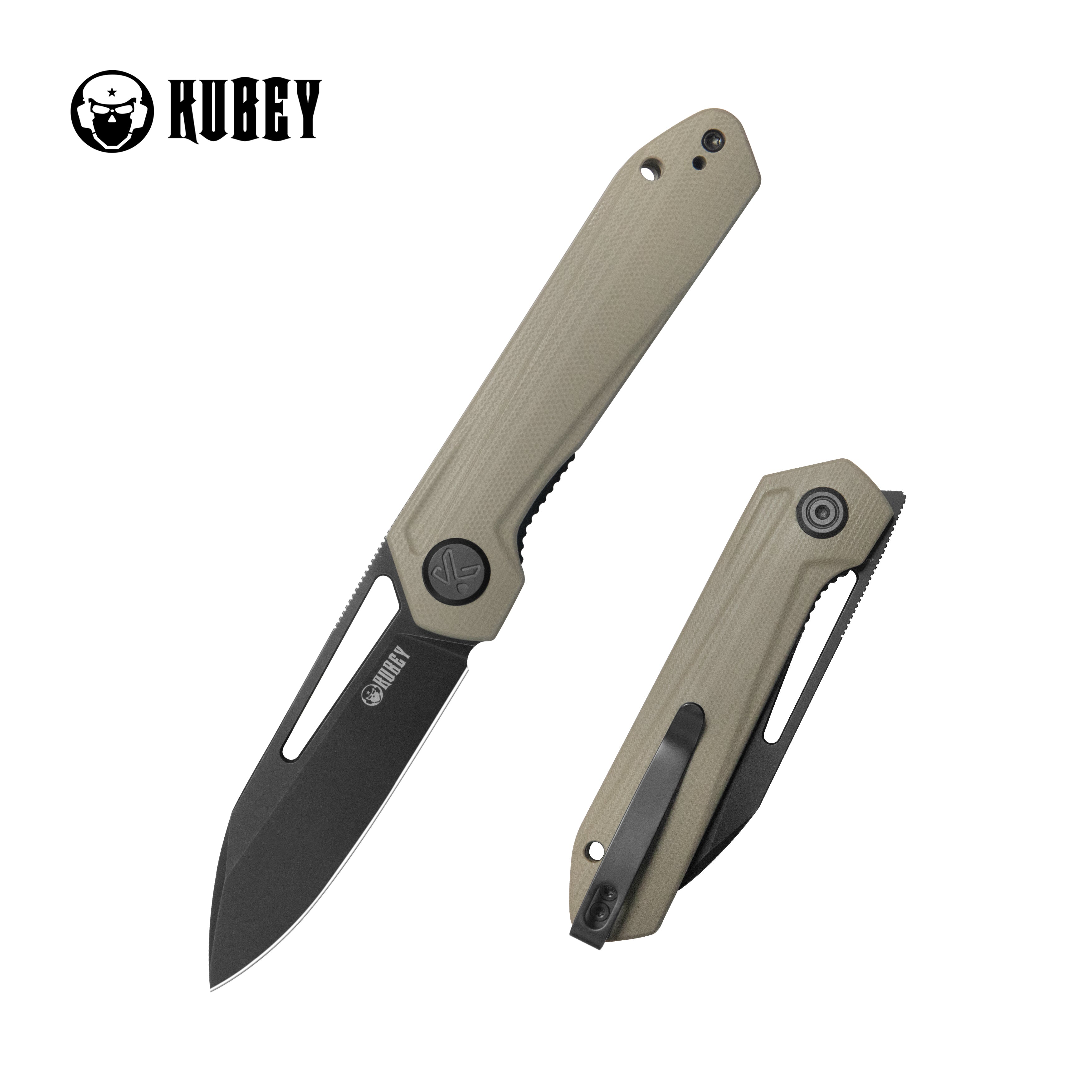 Kubey Royal CM Designs EDC Pocket Knife Front Flipper Khaki G10 Handle 2.99" Blackwash 14C28N KU321V