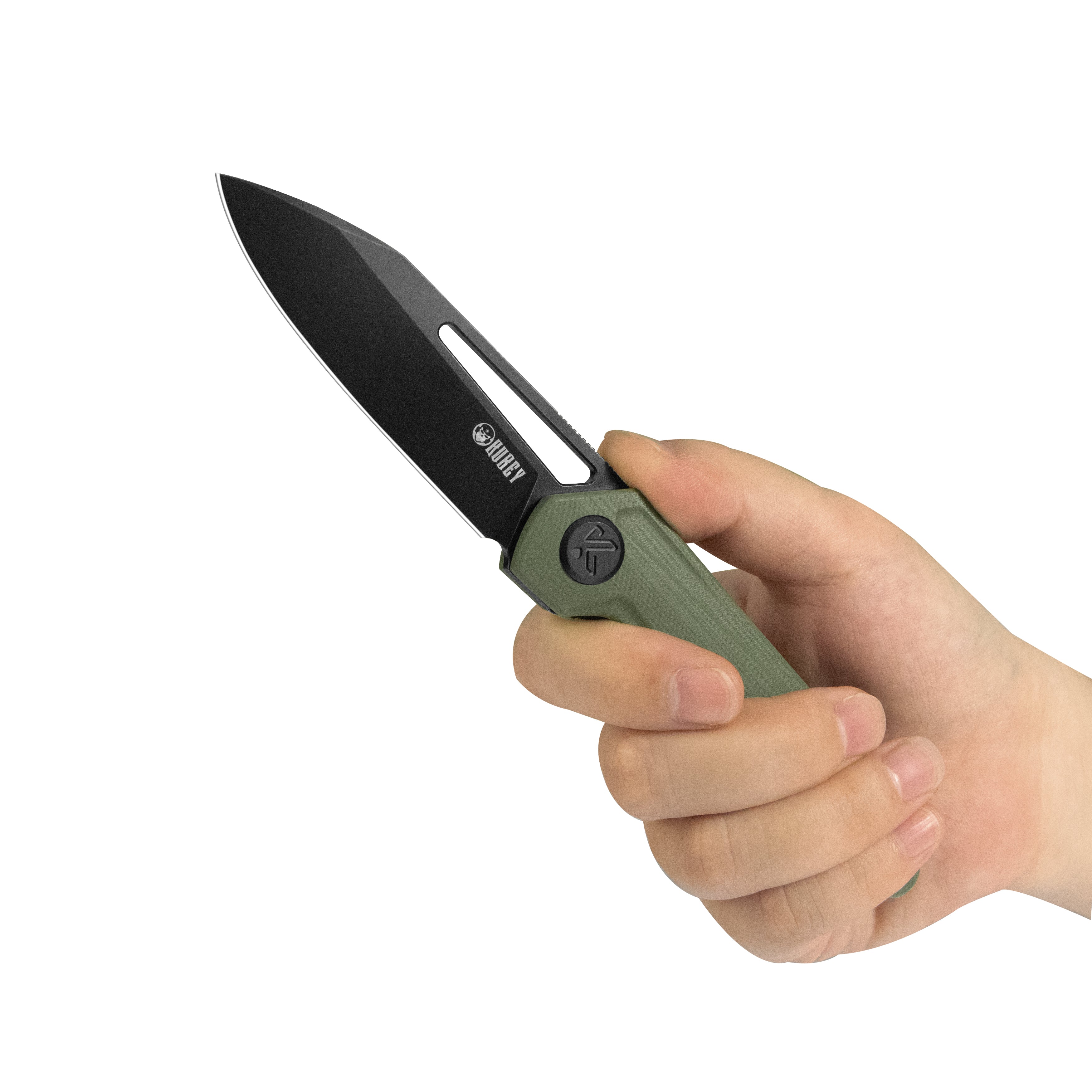 Kubey Royal CM Designs EDC Pocket Knife Front Flipper Green G10 Handle 2.99" Blackwash 14C28N KU321W