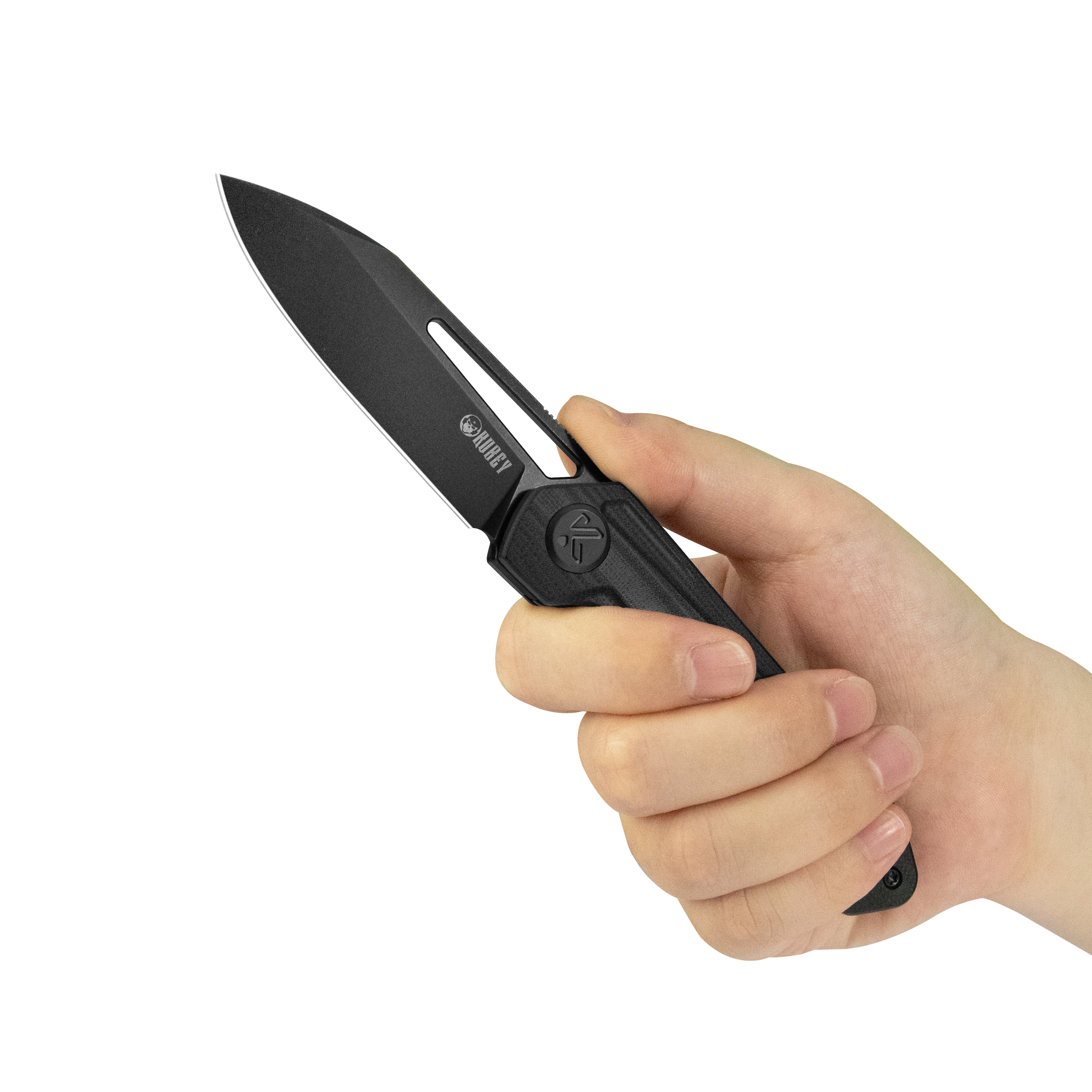 Kubey Royal CM Designs EDC Pocket Knife Front Flipper Black G10 Handle 2.99" Blackwash 14C28N KU321X