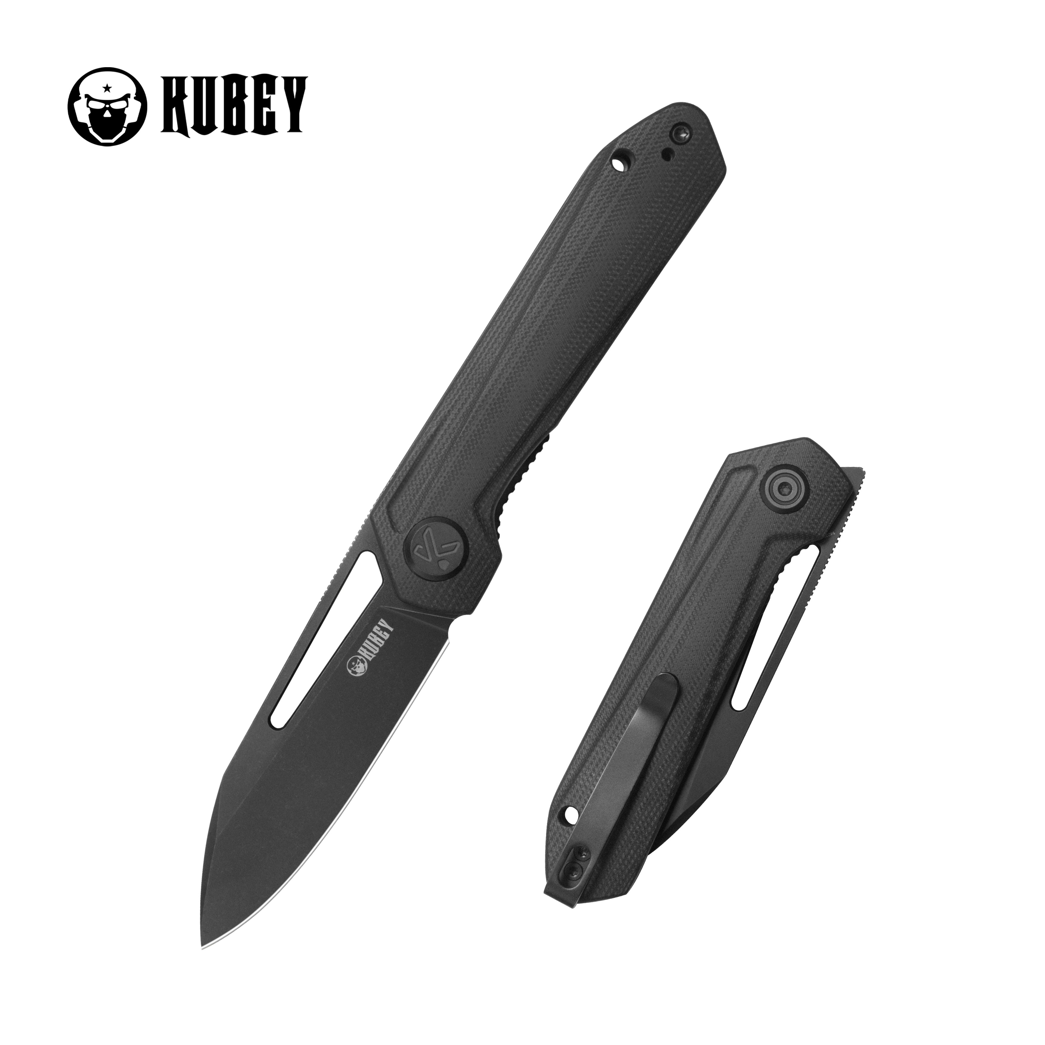 Kubey Royal CM Designs EDC Pocket Knife Front Flipper Black G10 Handle 2.99" Blackwash 14C28N KU321X